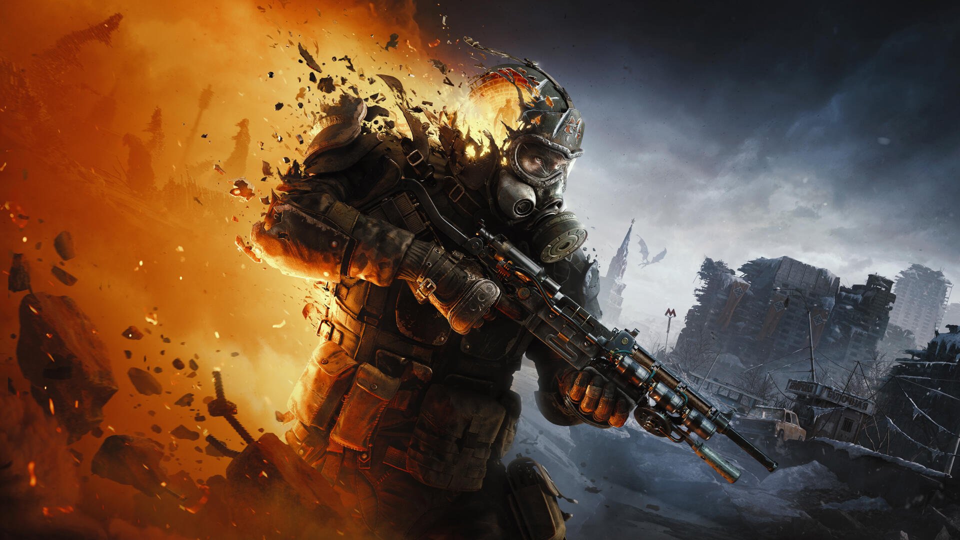 Metro 2039 video game 4K Ultra HD PC desktop wallpaper: masked soldier in gas mask and armor aims rifle amid fiery blast and ruined city skyline.