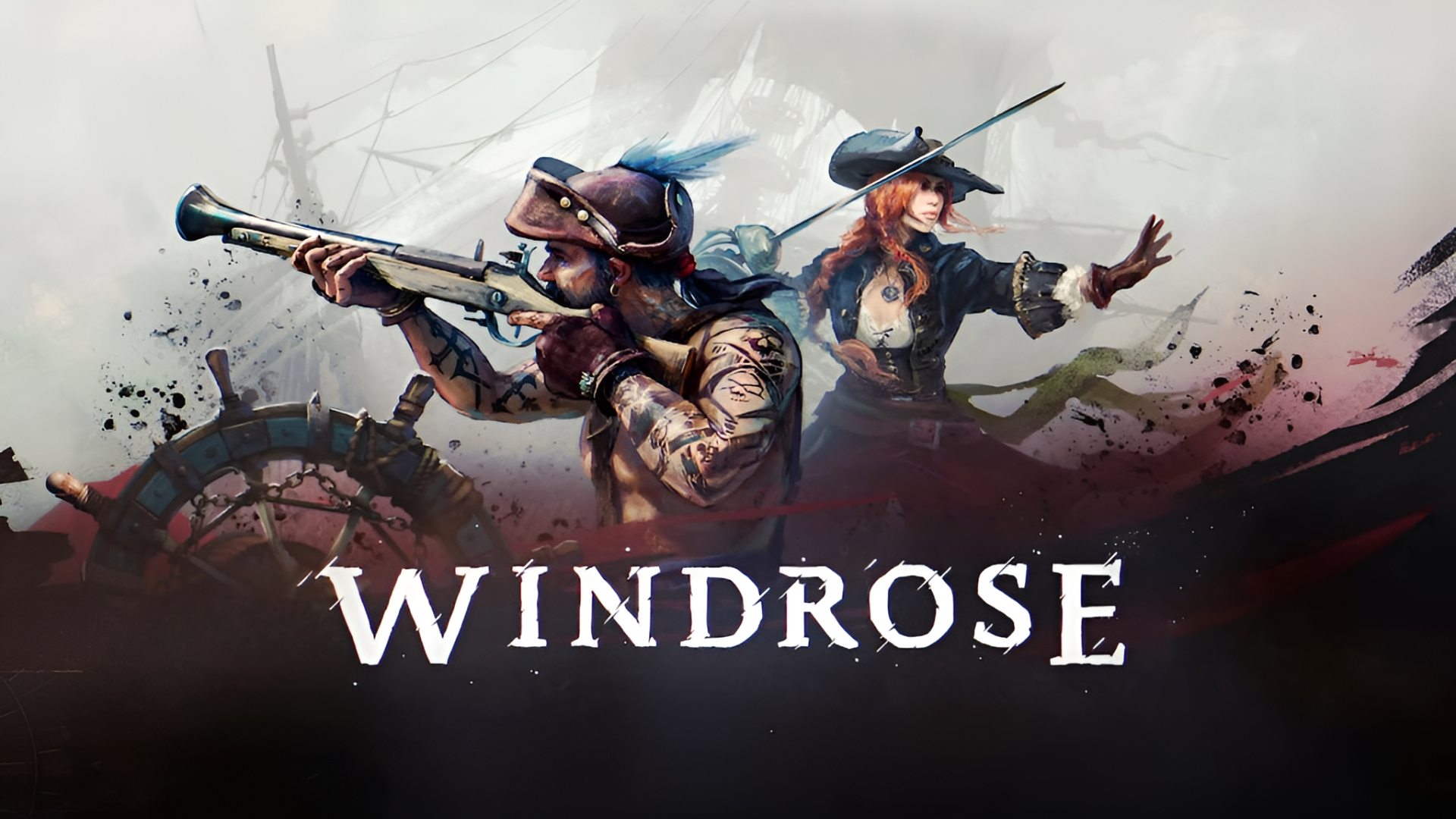 HD PC wallpaper for the video game Windrose: two back-to-back adventurers—an armored rifleman and a hat-wearing duelist—against a stormy, painterly sky with the Windrose logo.
