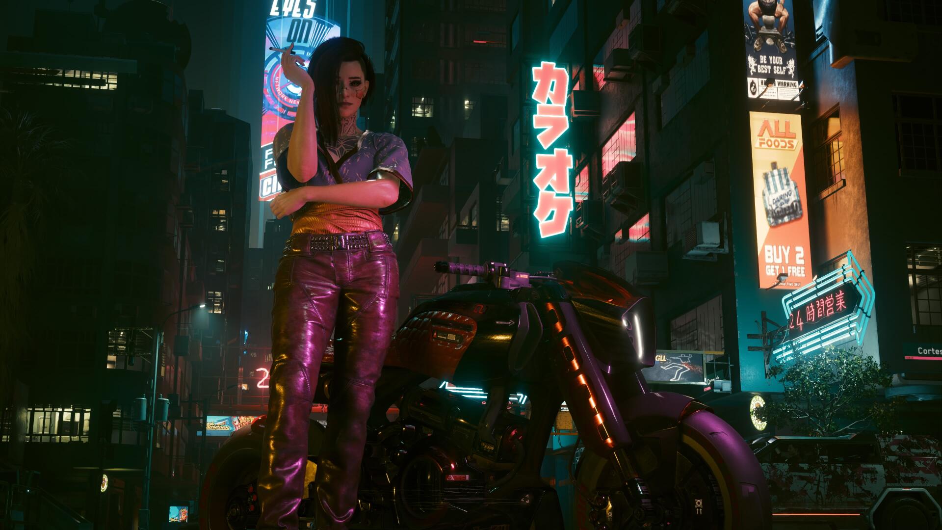Video game character V from Cyberpunk 2077 — a cyberpunk girl leaning on a futuristic motorcycle in a neon city at night, glowing billboards behind her. 4K Ultra HD PC desktop wallpaper/background.