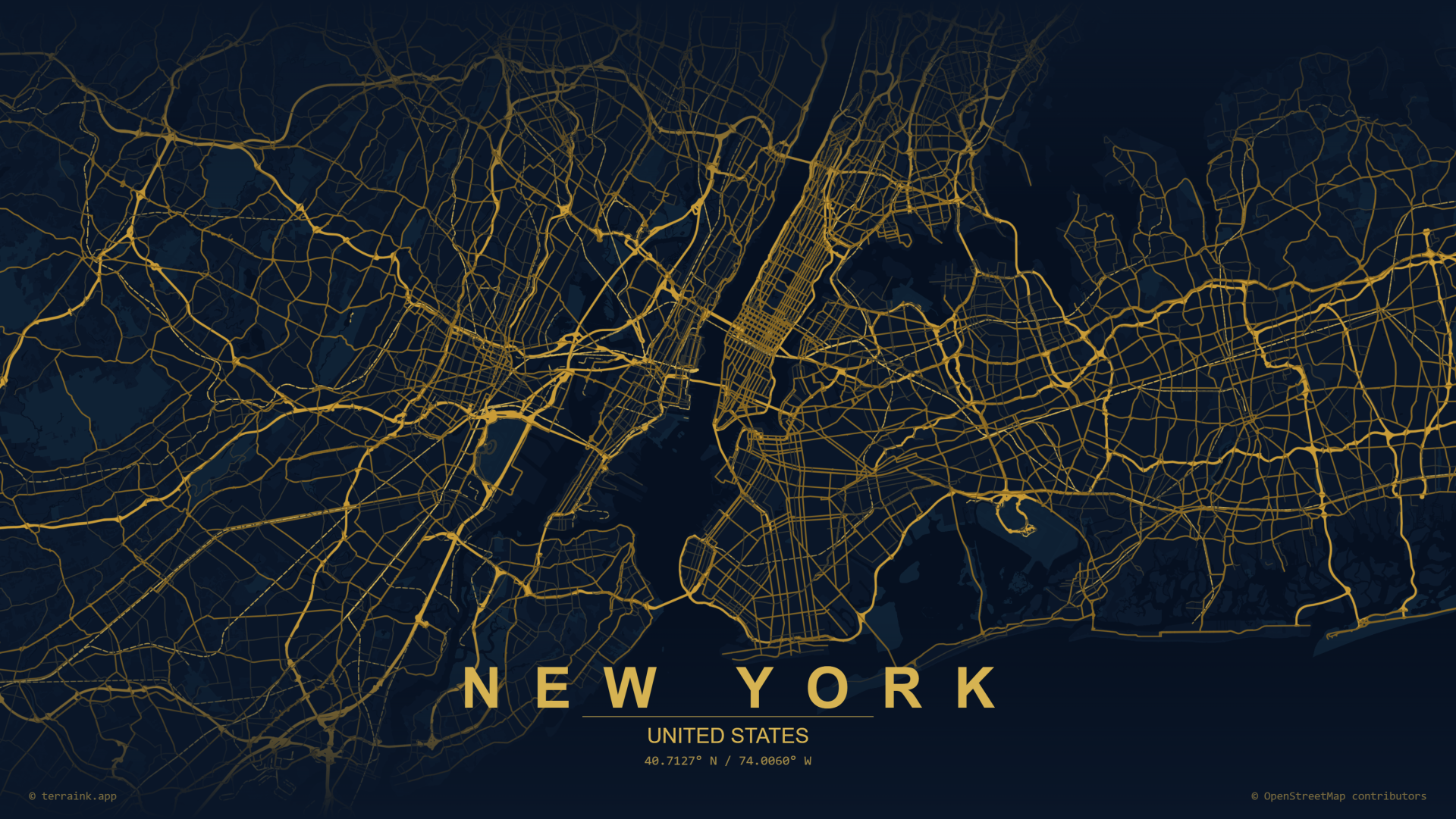 Stylized 2K Quad HD desktop wallpaper: neon yellow and blue street map of New York City, United States, with bold NEW YORK label.