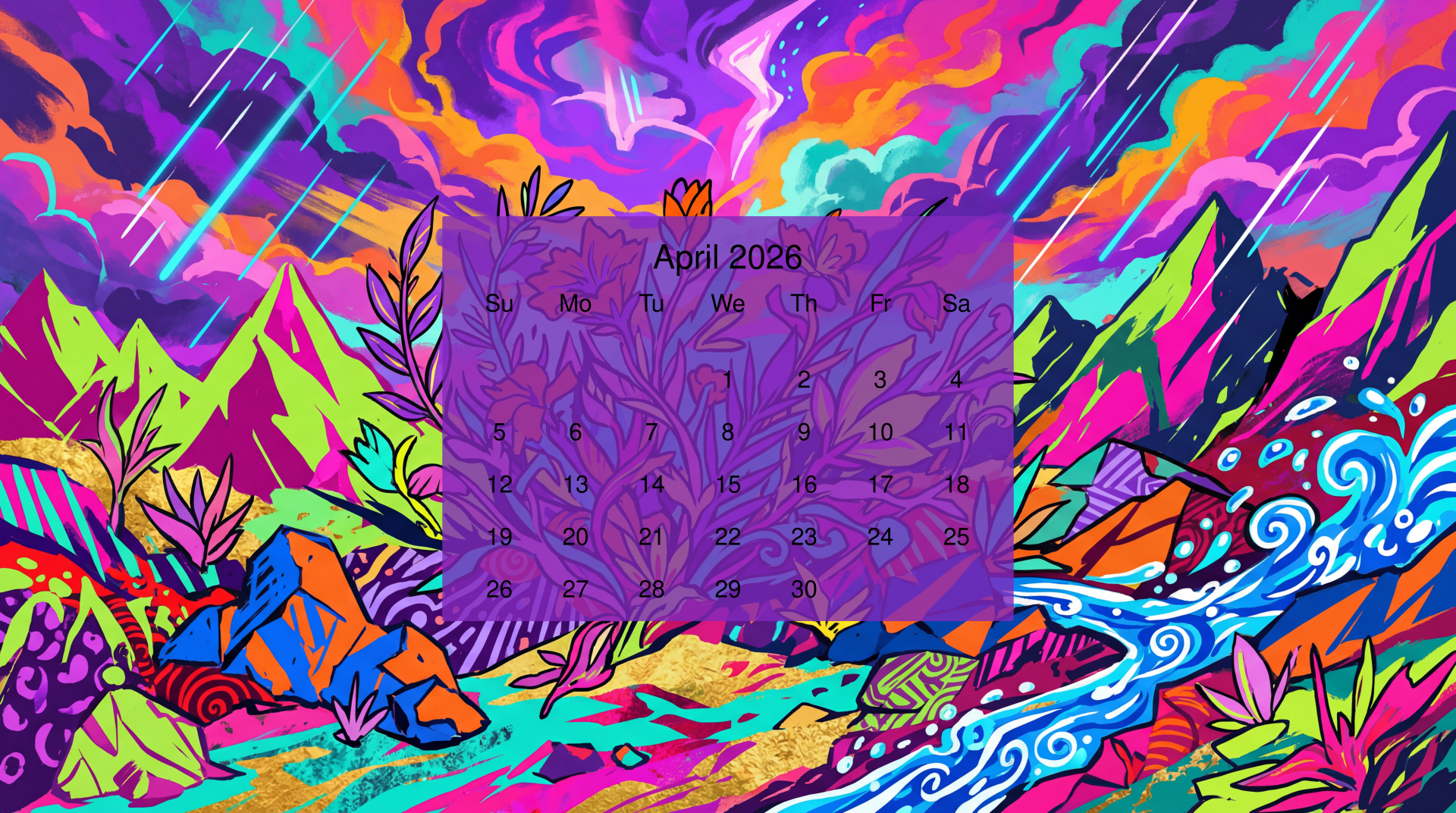 Vivid neon landscape with mountains, swirling river and rain; translucent purple April 2026 calendar centered. 5K Ultra HD PC desktop wallpaper and background.