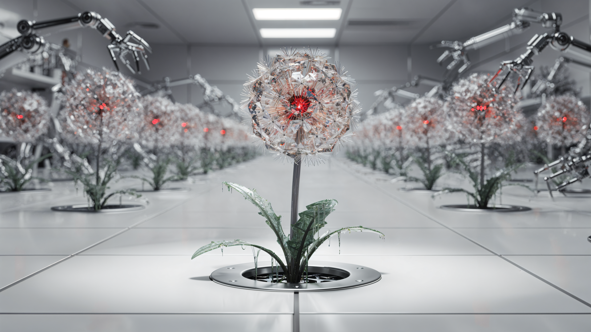4K Ultra HD PC desktop wallpaper of a sterile lab filled with metallic, flower-like robots with glowing red cores — a cold evil corporation scene.