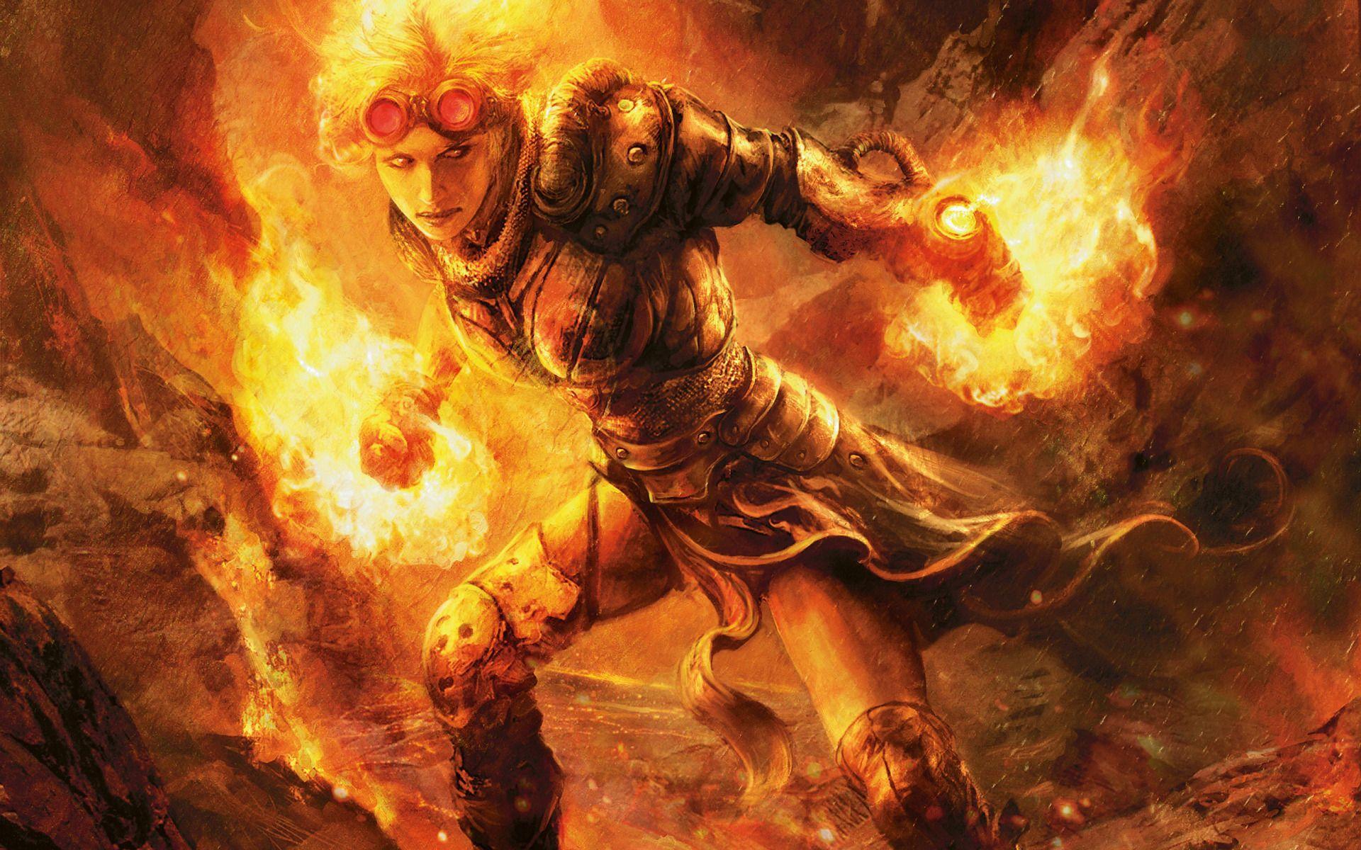 HD PC desktop wallpaper digital art of Chandra Nalaar from Magic: The Gathering, a fiery mage charging forward with blazing hands and a storm of embers around her.