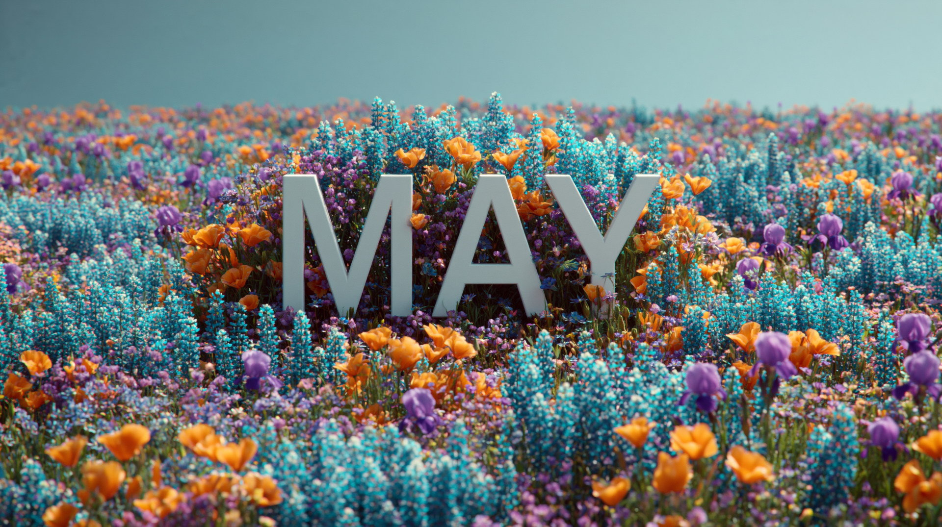 2K Quad HD PC desktop wallpaper: bold MAY letters rising from a vibrant wildflower field — turquoise foliage with orange and purple blooms, a cheerful hello may spring motif.