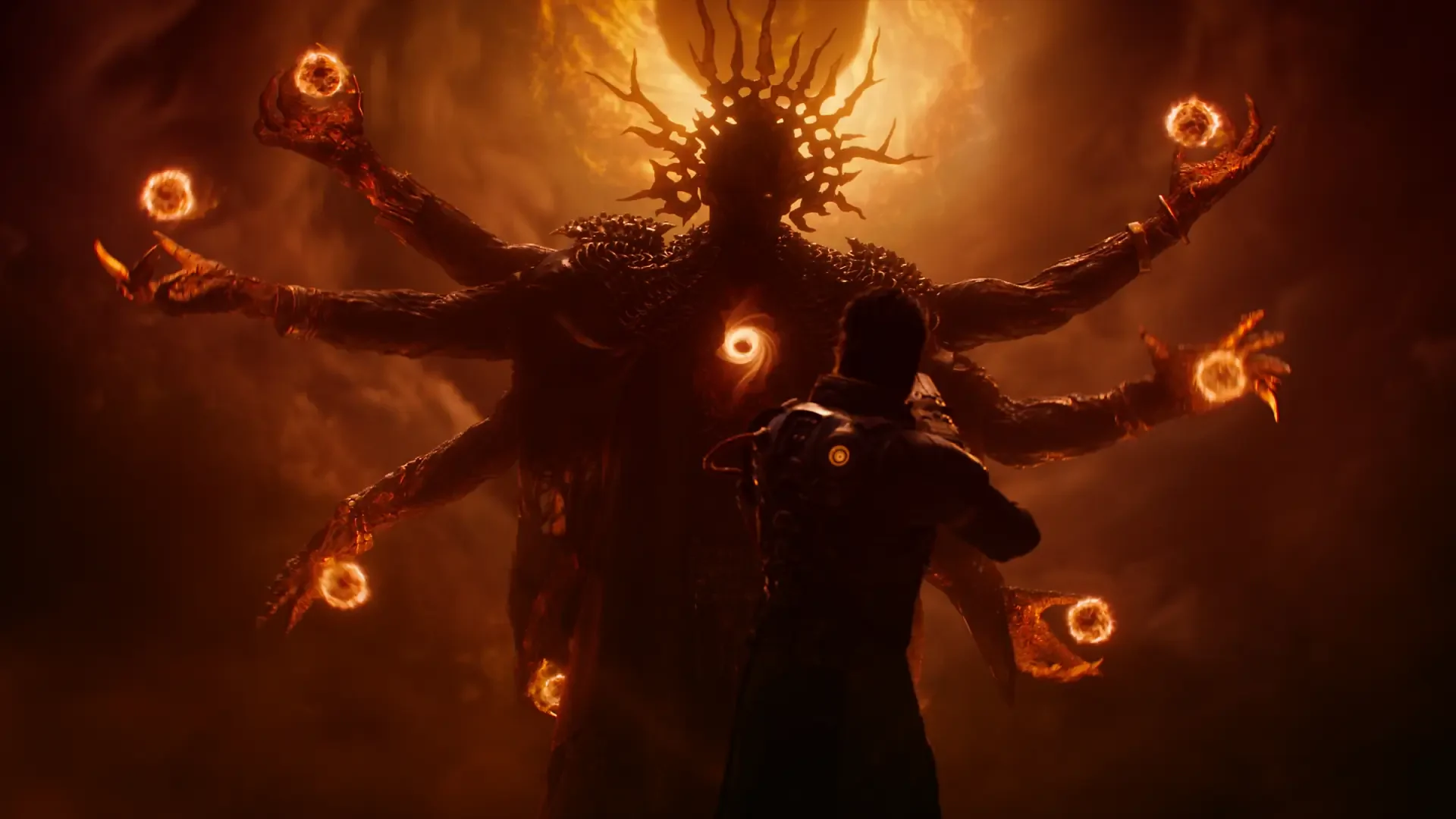 HD PC desktop wallpaper: Saros, a multi-armed video game demon looming with fiery orbs behind a silhouetted figure.