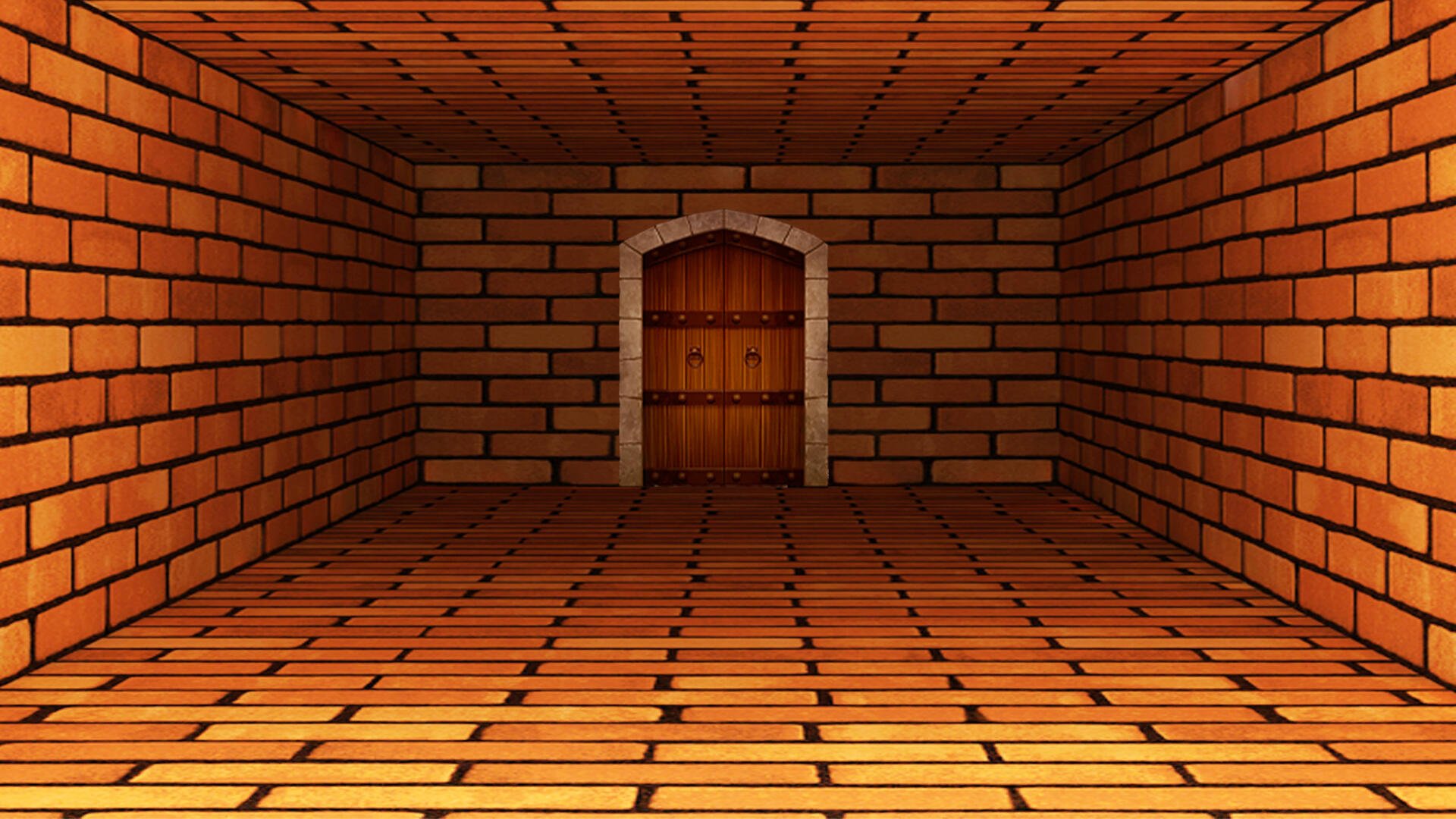HD PC desktop wallpaper Tomodachi Life: Living the Dream — perspective of an orange brick room and tiled floor leading to a wooden arched door.