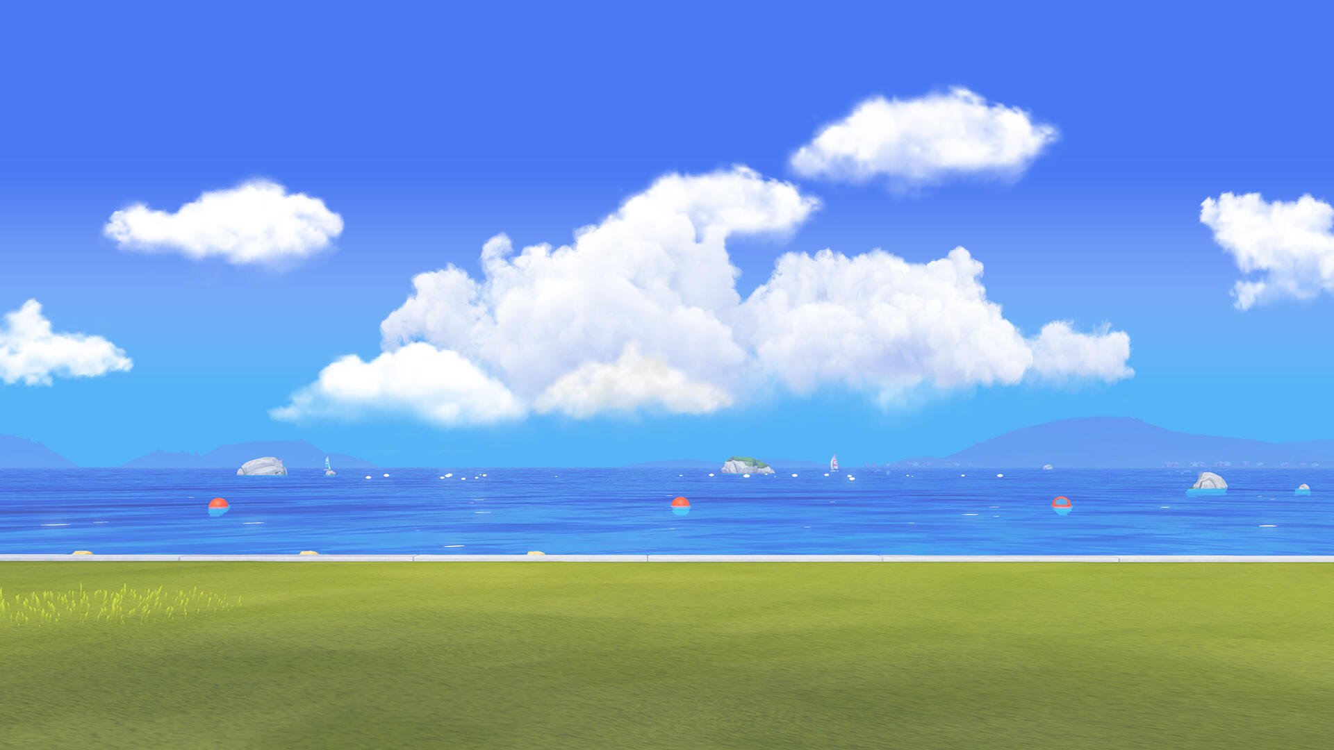 Tomodachi Life: Living the Dream HD PC desktop wallpaper — bright seaside vista with grassy foreground, calm blue ocean and fluffy clouds against a vivid sky.