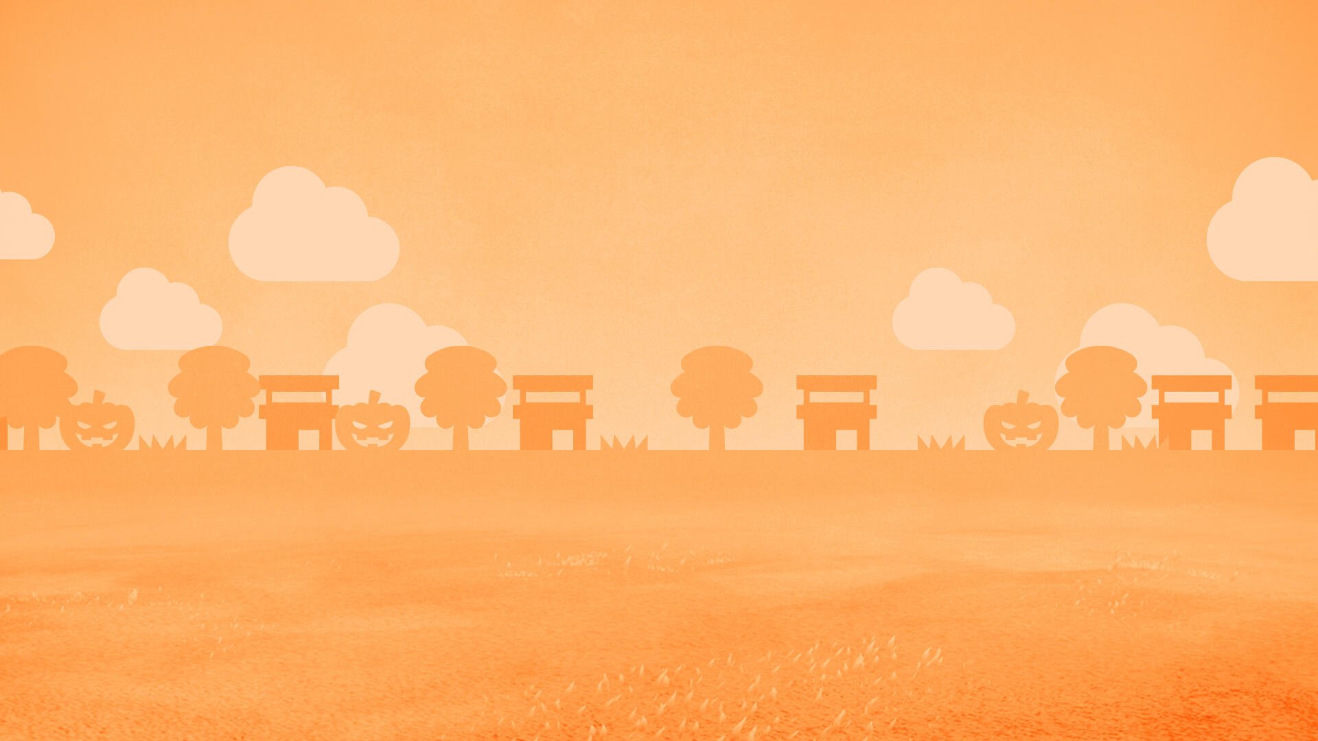 Tomodachi Life, Tomodachi Life: Living the Dream HD PC desktop wallpaper and background — warm orange silhouette of small houses, trees and clouds along a grassy horizon.