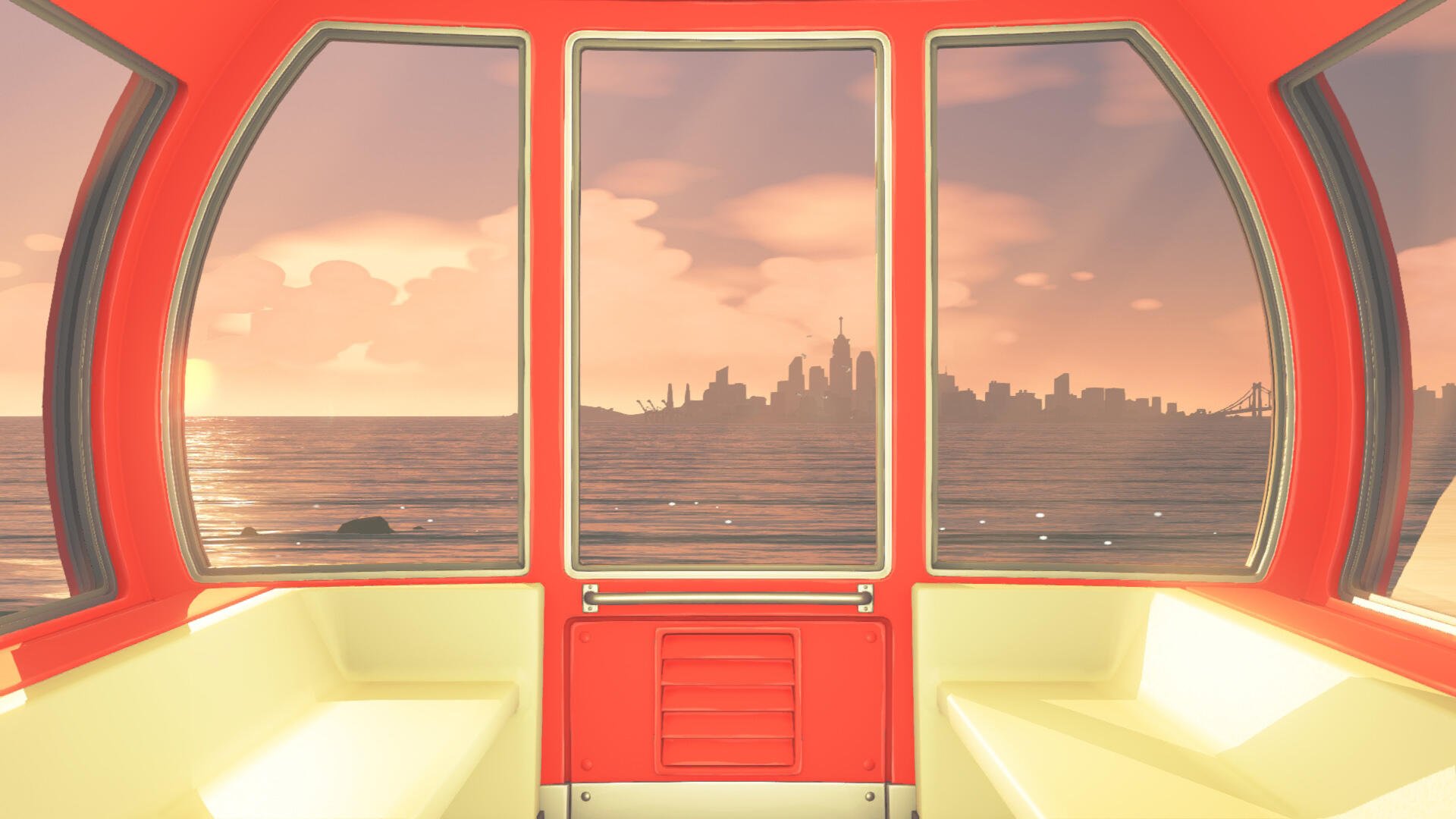 Tomodachi Life, Tomodachi Life: Living the Dream HD PC desktop wallpaper/background — warm sunset city skyline across the sea viewed from a cozy red cabin interior with cushioned benches.