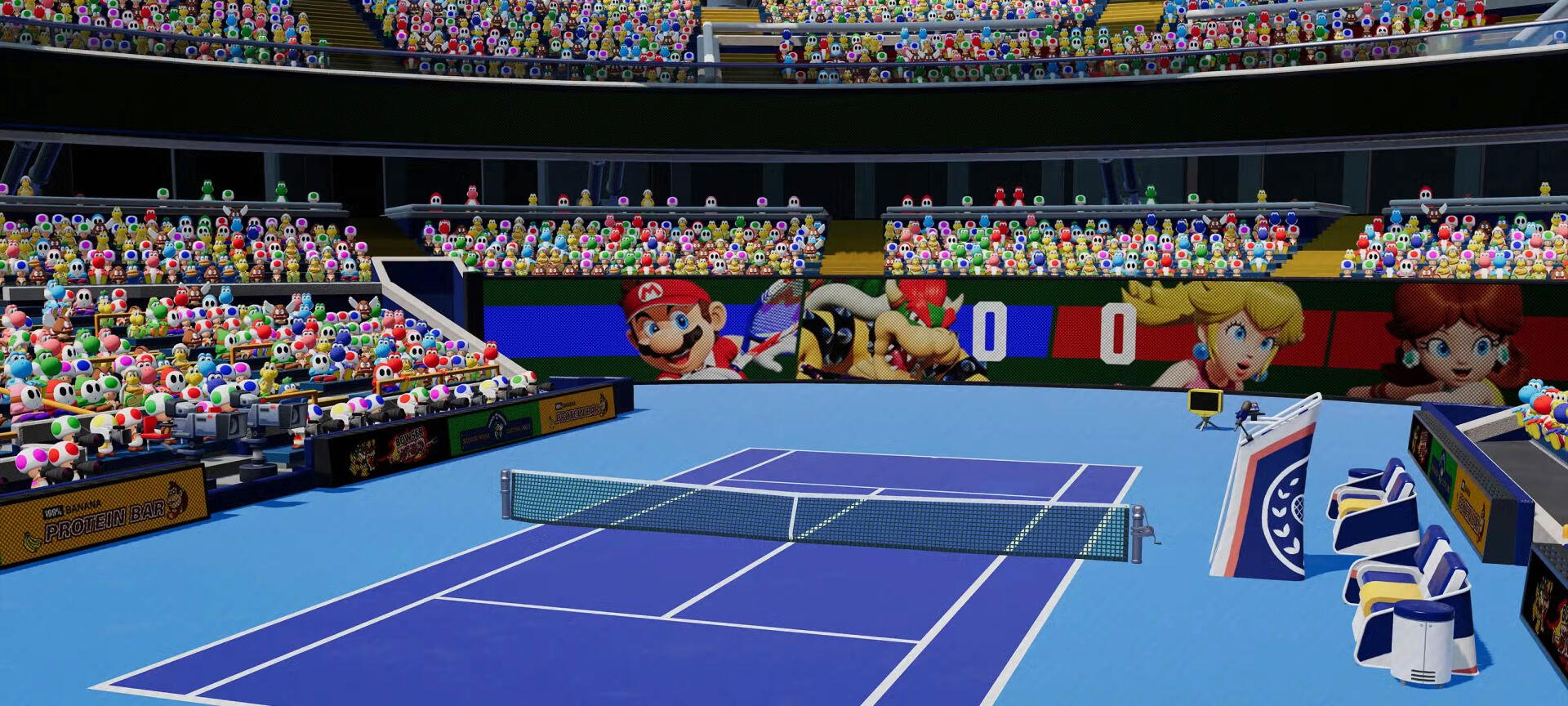 Mario Tennis / Mario Tennis Fever 2K Quad HD PC desktop background: vibrant blue tennis court with net, packed stands and oversized Mario, Bowser and Peach character banners.