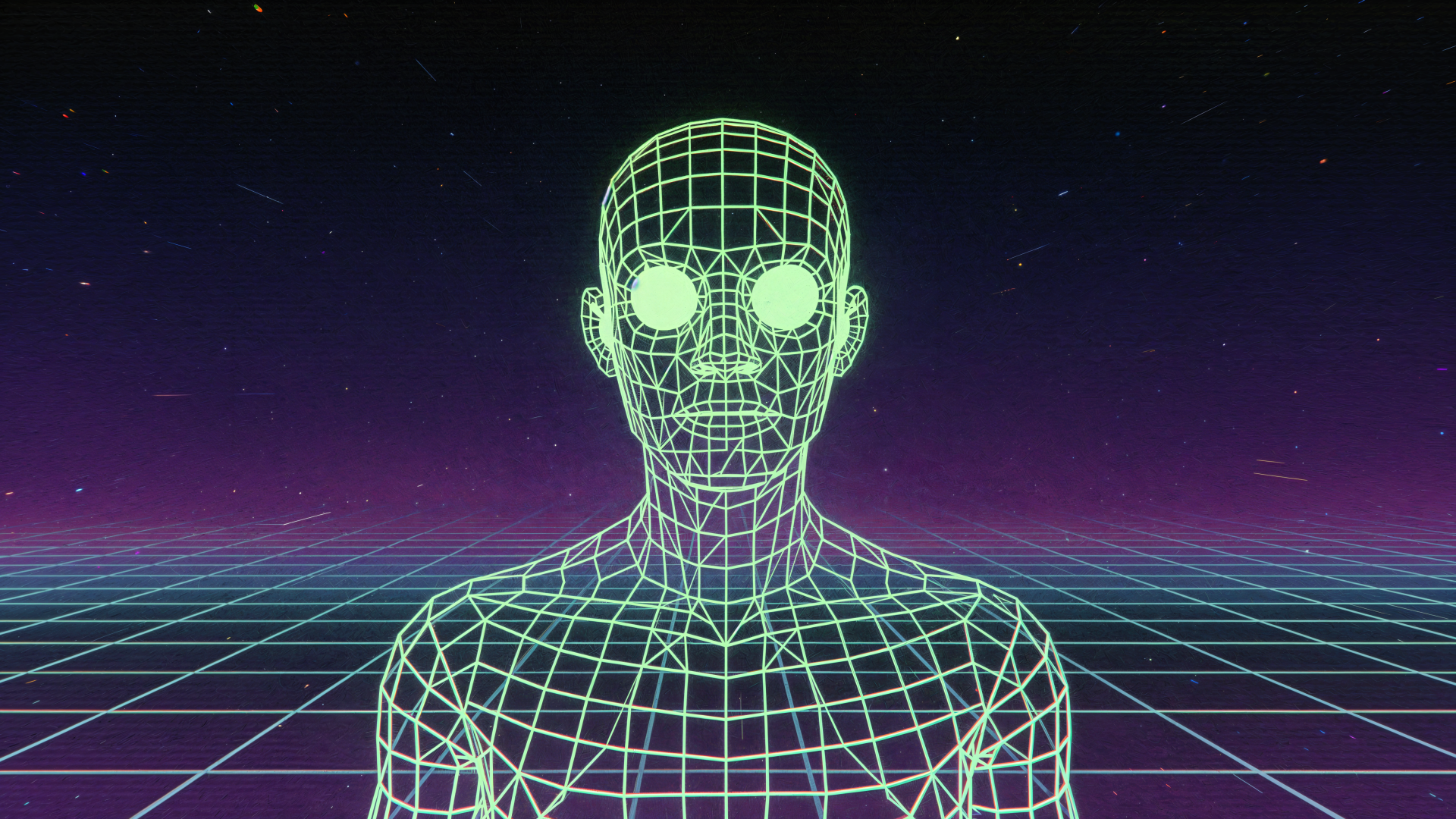 Soulless wireframe humanoid with glowing eyes against a retro grid and neon horizon — 4K Ultra HD PC desktop wallpaper.