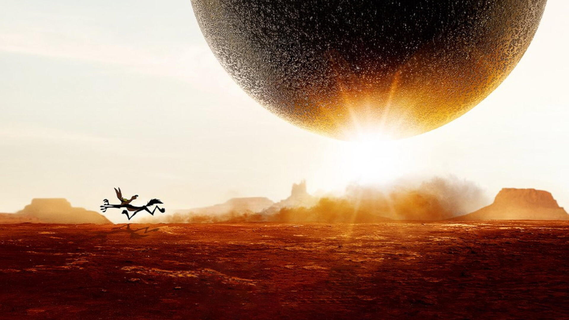 Coyote vs Acme 4K Ultra HD PC wallpaper: silhouetted Coyote sprinting across a red desert as a gigantic Acme boulder looms over a blazing sunrise.