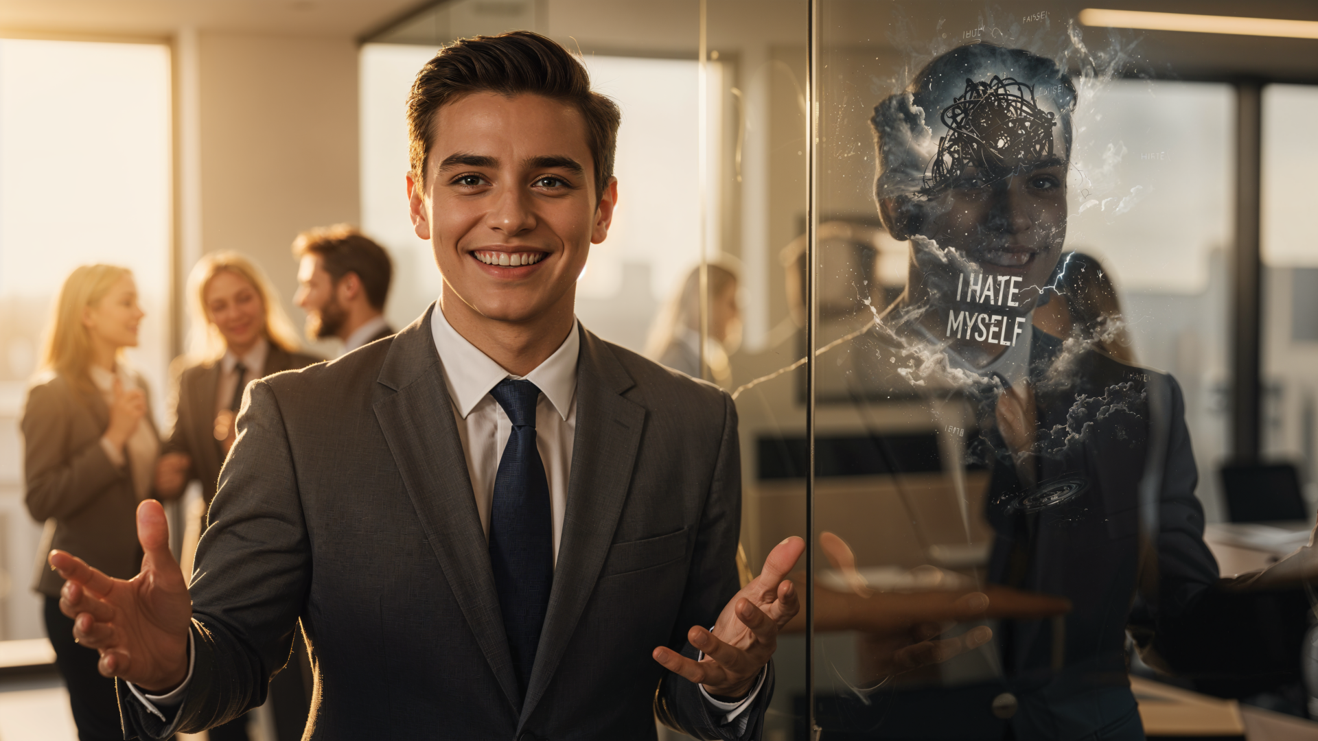 4K Ultra HD PC desktop wallpaper: a smiling businessman in an office with a cracked glass reflection behind him that reads I hate myself.