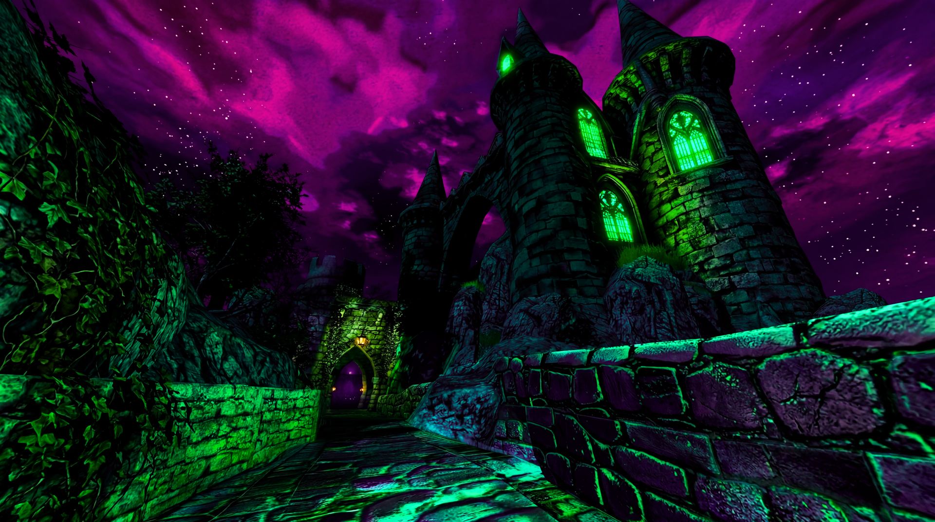 ps2core/dreamcore haunted medieval castle with glowing green windows, cobbled liminal walkway under a magenta night sky — 5K Ultra HD PC desktop wallpaper and background.