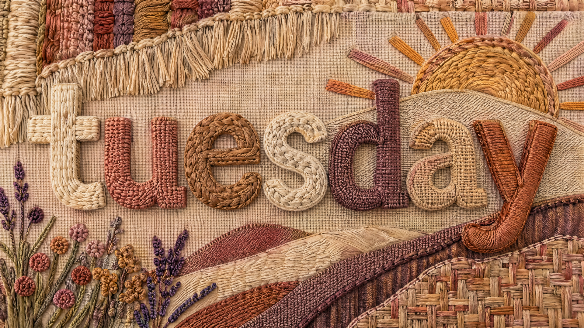 4K Ultra HD PC desktop wallpaper and background showing embroidered tuesday in woven textile art, with a sun, rolling fields and wildflowers in warm, earthy tones.