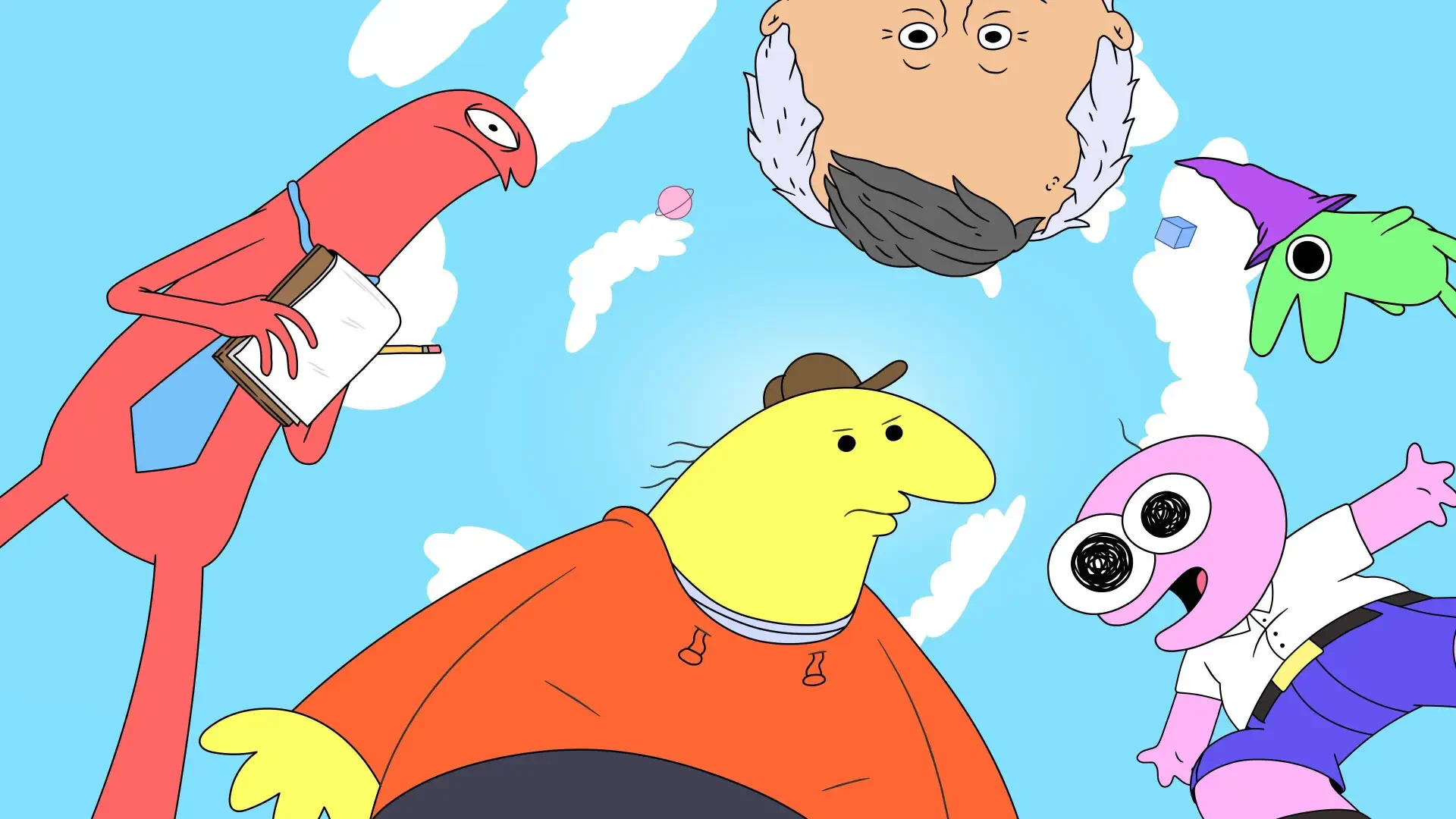 Bold, colorful Smiling Friends TV show characters float toward the viewer against a bright blue sky, rendered as a 4K Ultra HD PC desktop wallpaper/background.