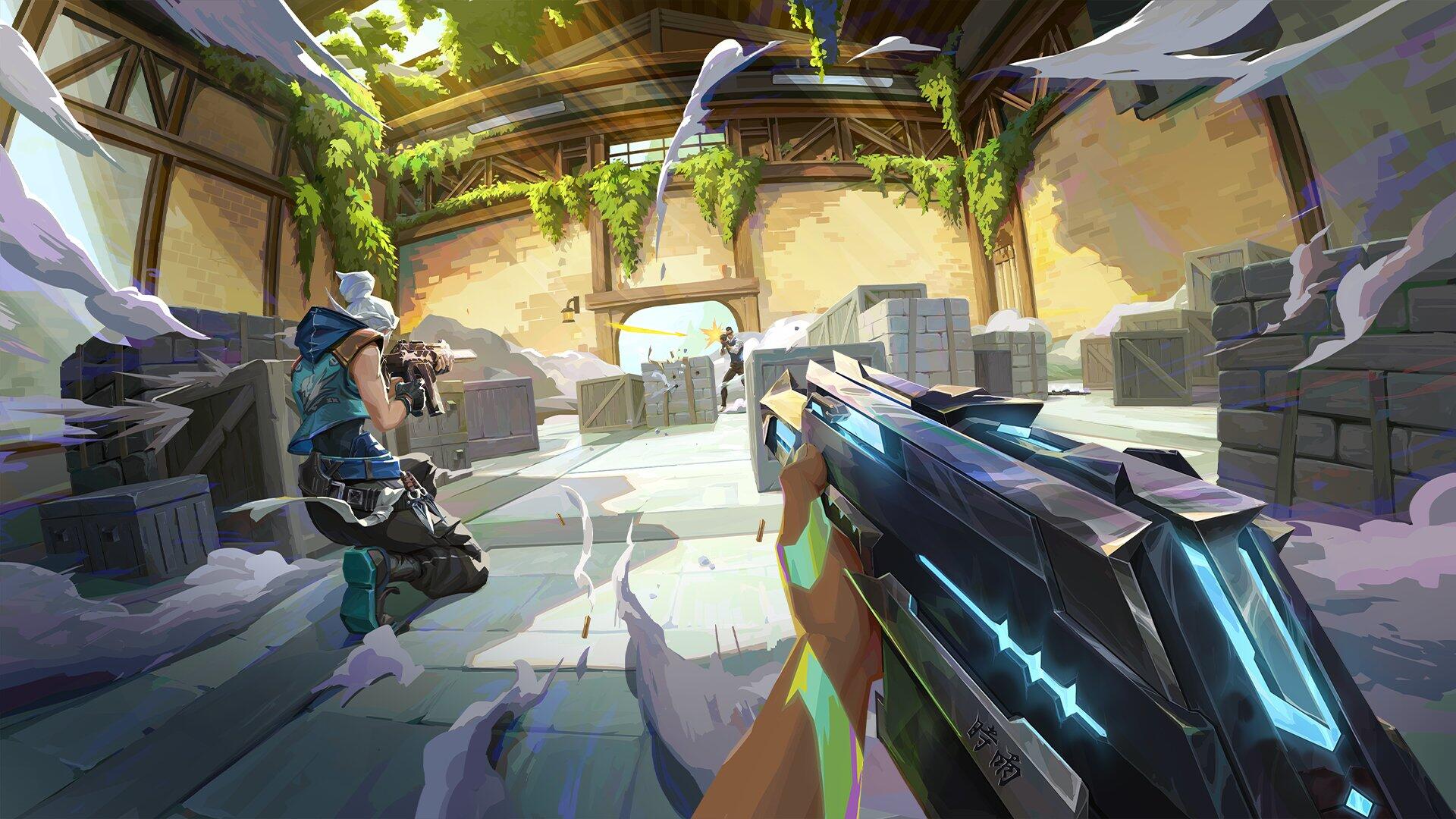 Valorant HD PC wallpaper: Jett and Chamber clash in a sunlit courtyard—first-person view of a glowing rifle while Jett kneels, ready to fire.