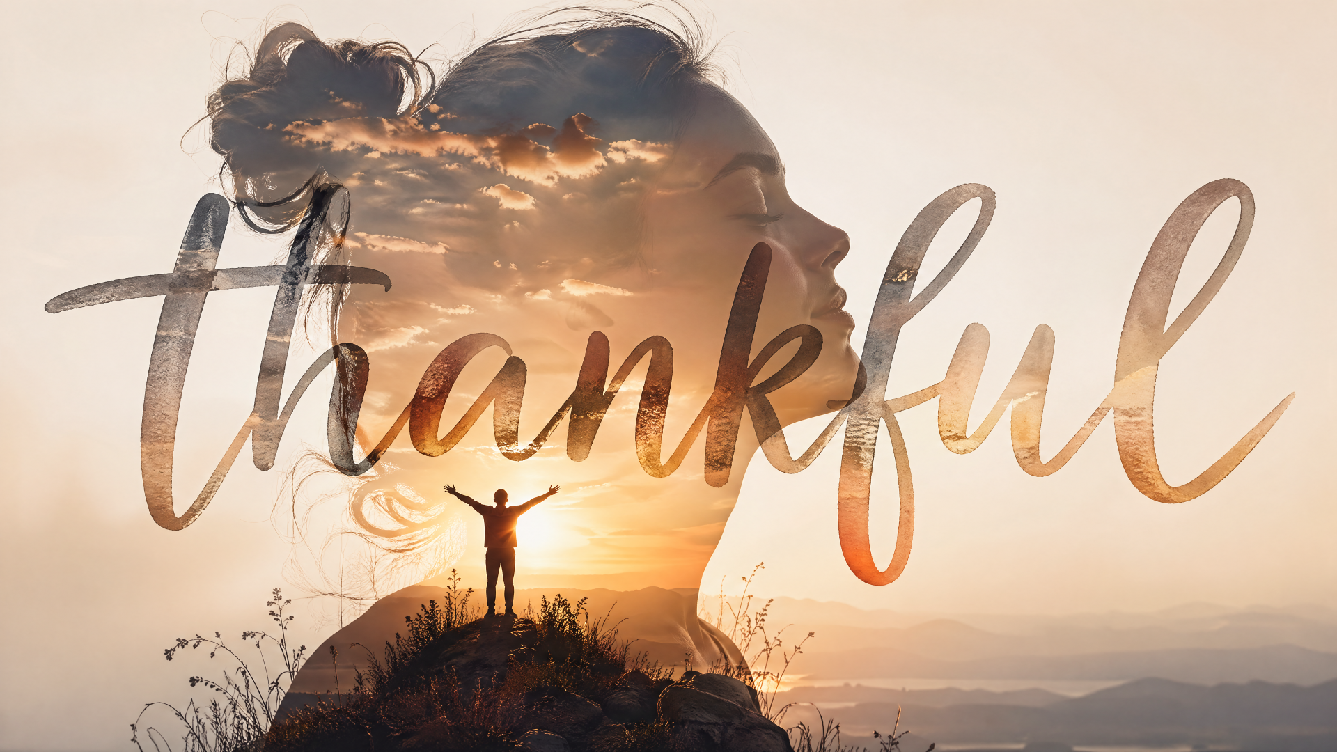 4K Ultra HD PC desktop wallpaper/background: sunrise hill silhouette with arms raised, translucent woman's profile, and flowing cursive thankful across the sky.
