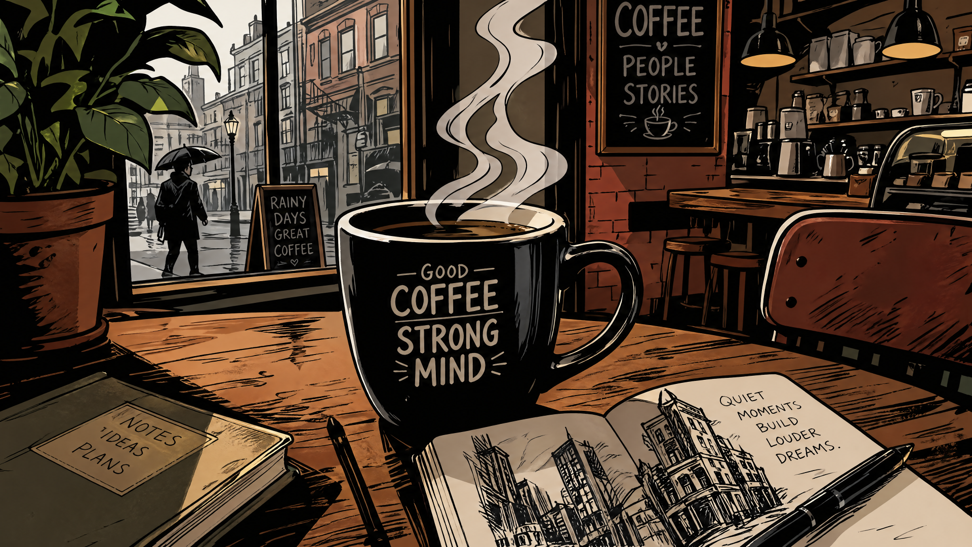 Cozy coffee scene: steaming mug reading Good Coffee Strong Mind on a wooden table with open sketchbook, café interior and street view — 4K Ultra HD PC desktop wallpaper and background.