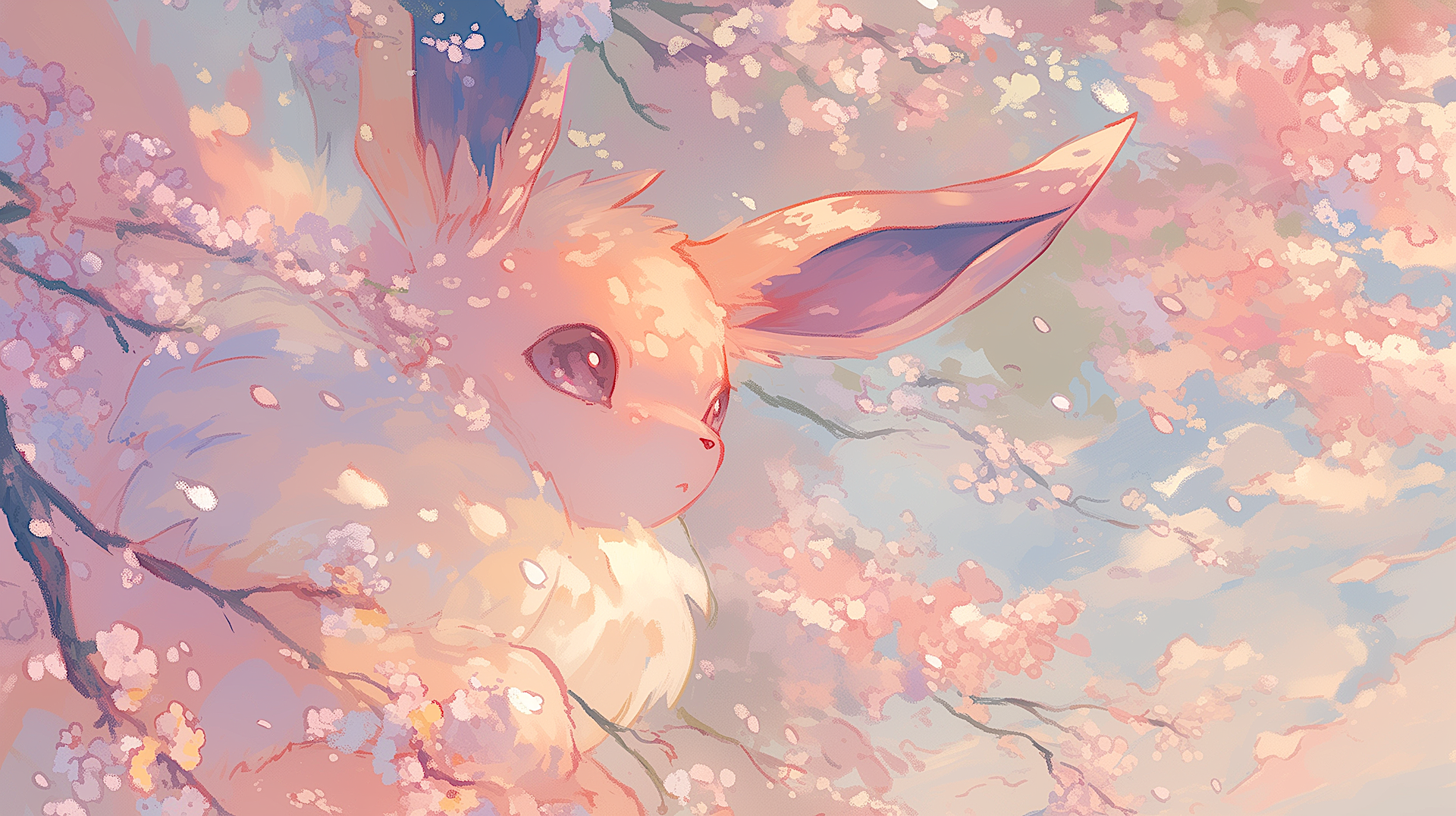 Eevee (Pokémon) in anime style among sakura blossoms, dreamy pastel 2K Quad HD PC desktop wallpaper background.