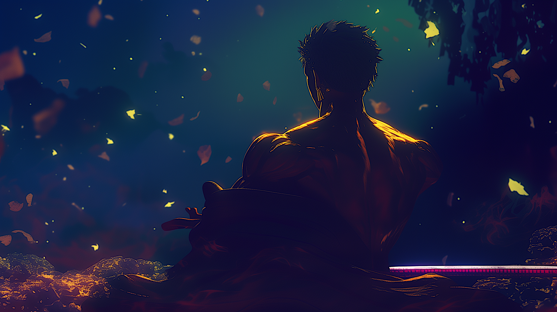 Dark One Piece anime 2K Quad HD PC desktop wallpaper: backlit, muscular silhouetted figure seated amid glowing embers and moody teal shadows, cinematic night scene.