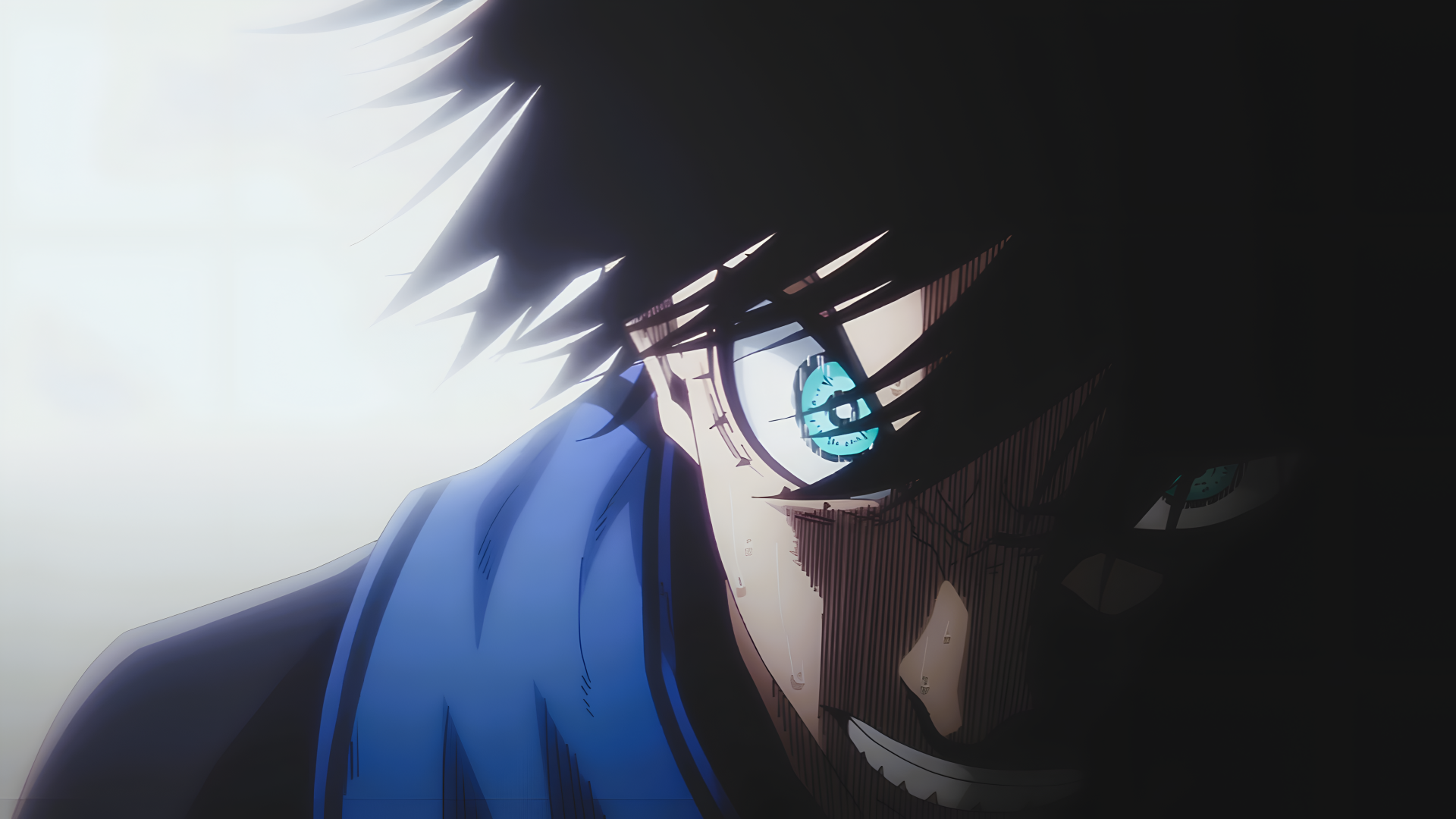Close-up anime portrait of Rin Itoshi from Blue Lock, intense glowing cyan eye and shadowed face, high-detail 4K Ultra HD PC desktop wallpaper and background.