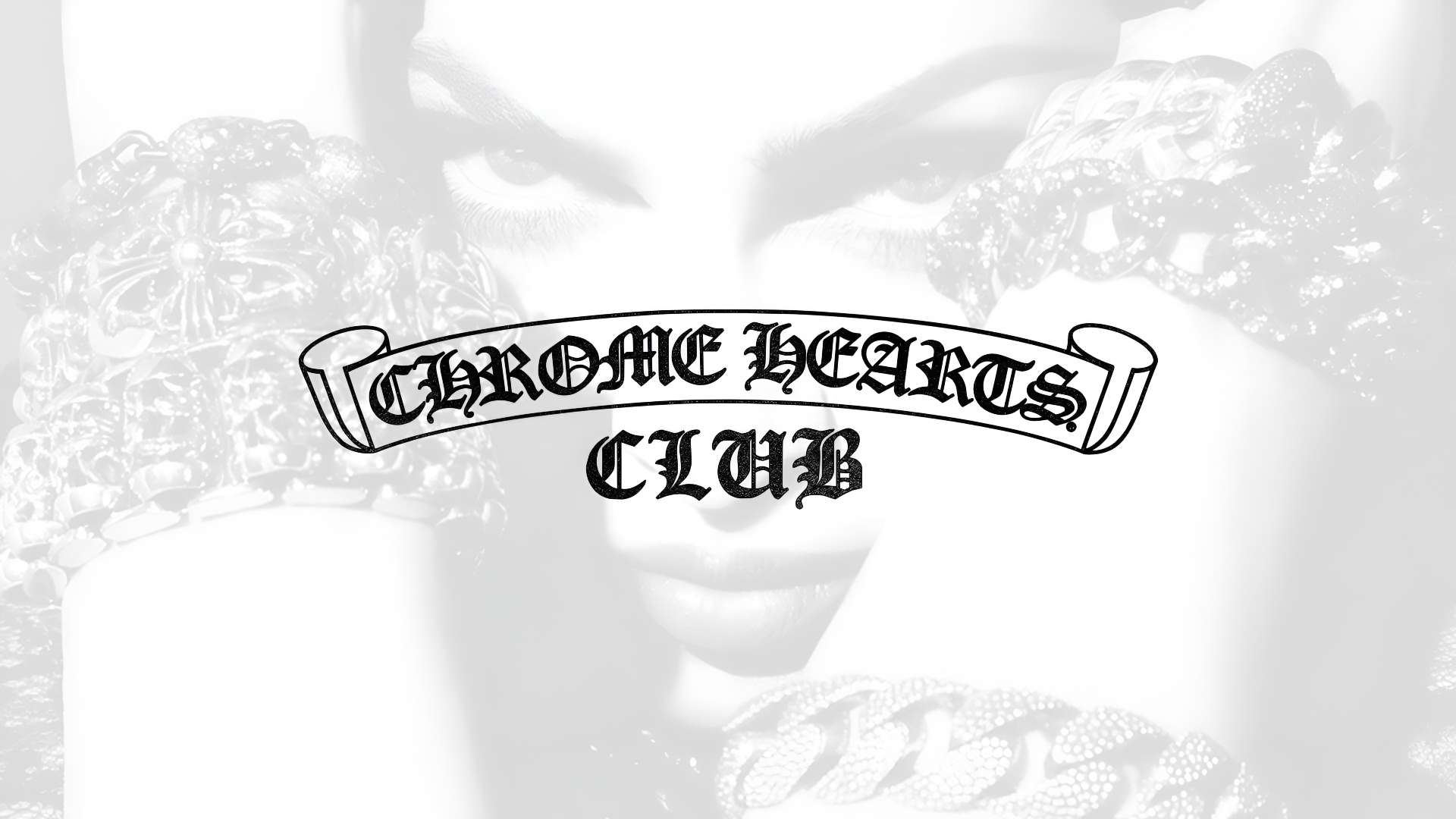 White gothic Chrome Hearts 'Club' logo over a blurred monochrome portrait with chunky jewelry — 4K Ultra HD PC desktop wallpaper background.