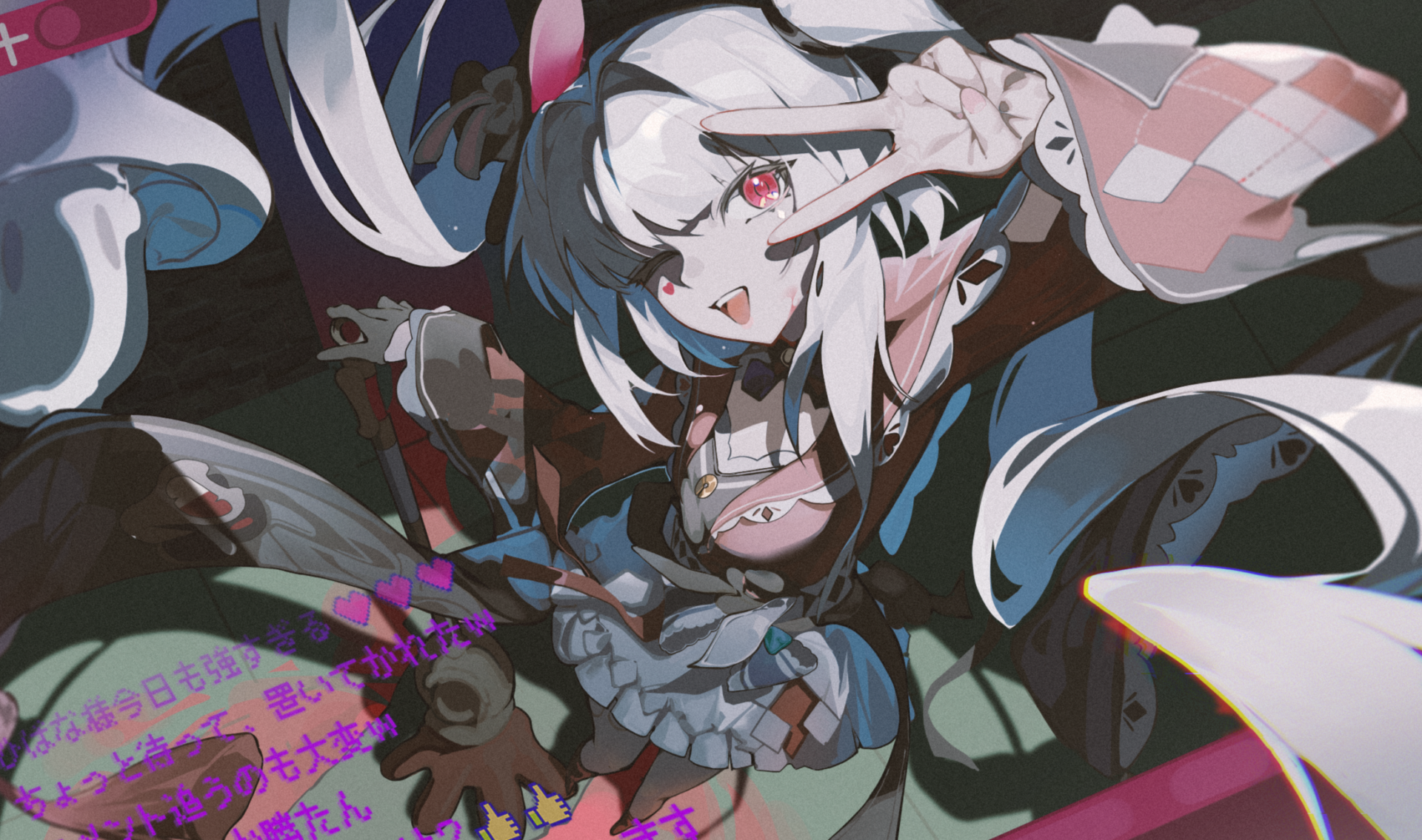HD PC desktop wallpaper of Sparxie from the video game Honkai: Star Rail — winking and flashing a peace sign amid swirling ribbons and neon accents in a dynamic, colorful composition.