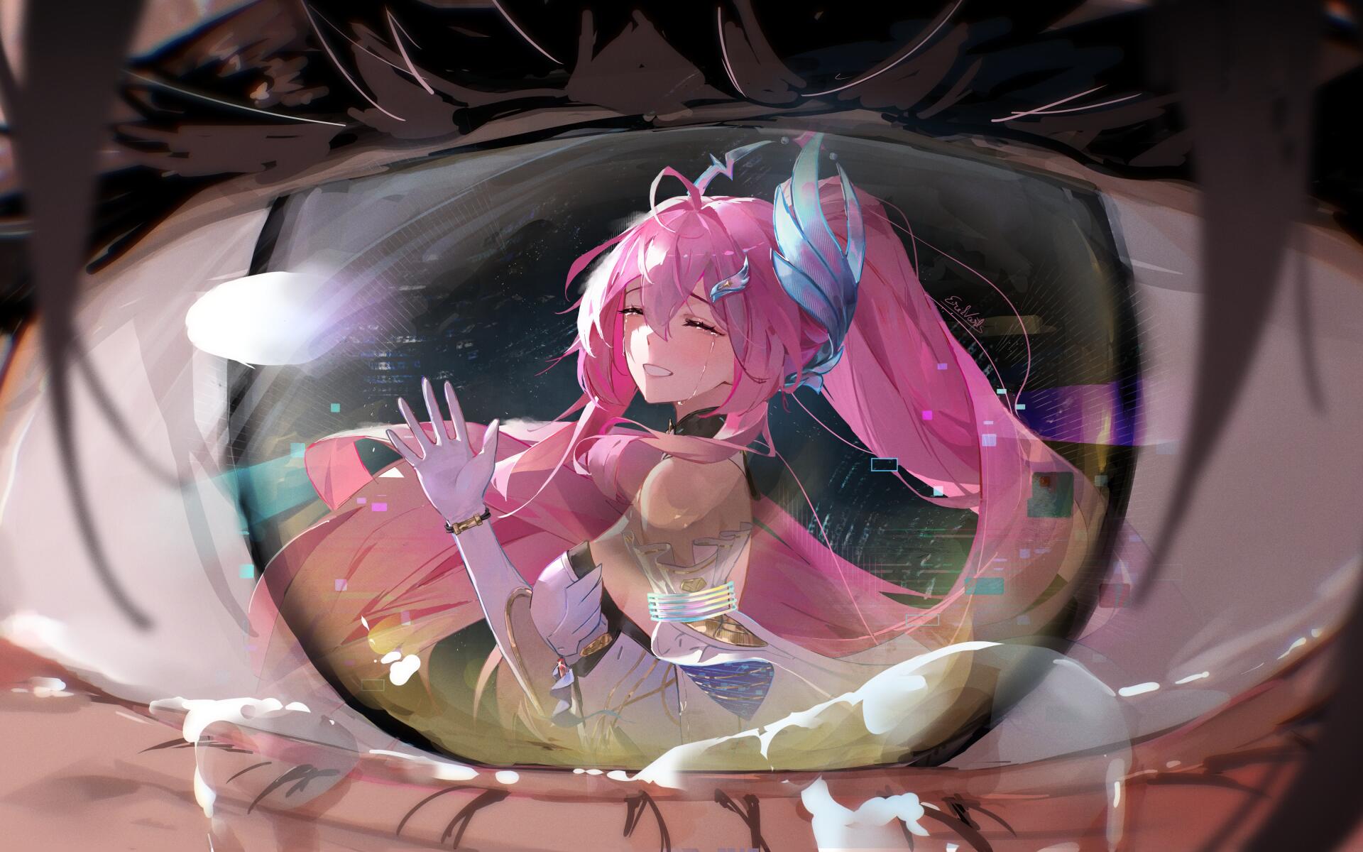 Close-up eye reflecting Aemeath from Wuthering Waves: pink-haired anime eyes crying, depicted as a 4K Ultra HD PC desktop wallpaper background.