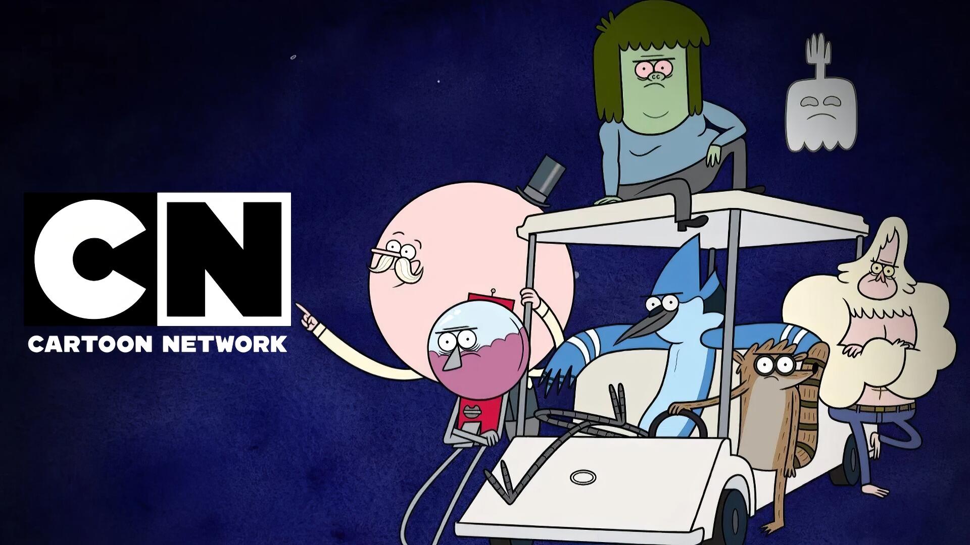 HD PC desktop wallpaper of Regular Show: The Lost Tapes (Cartoon Network) — Mordecai, Rigby and friends riding a golf cart against a starry navy background.