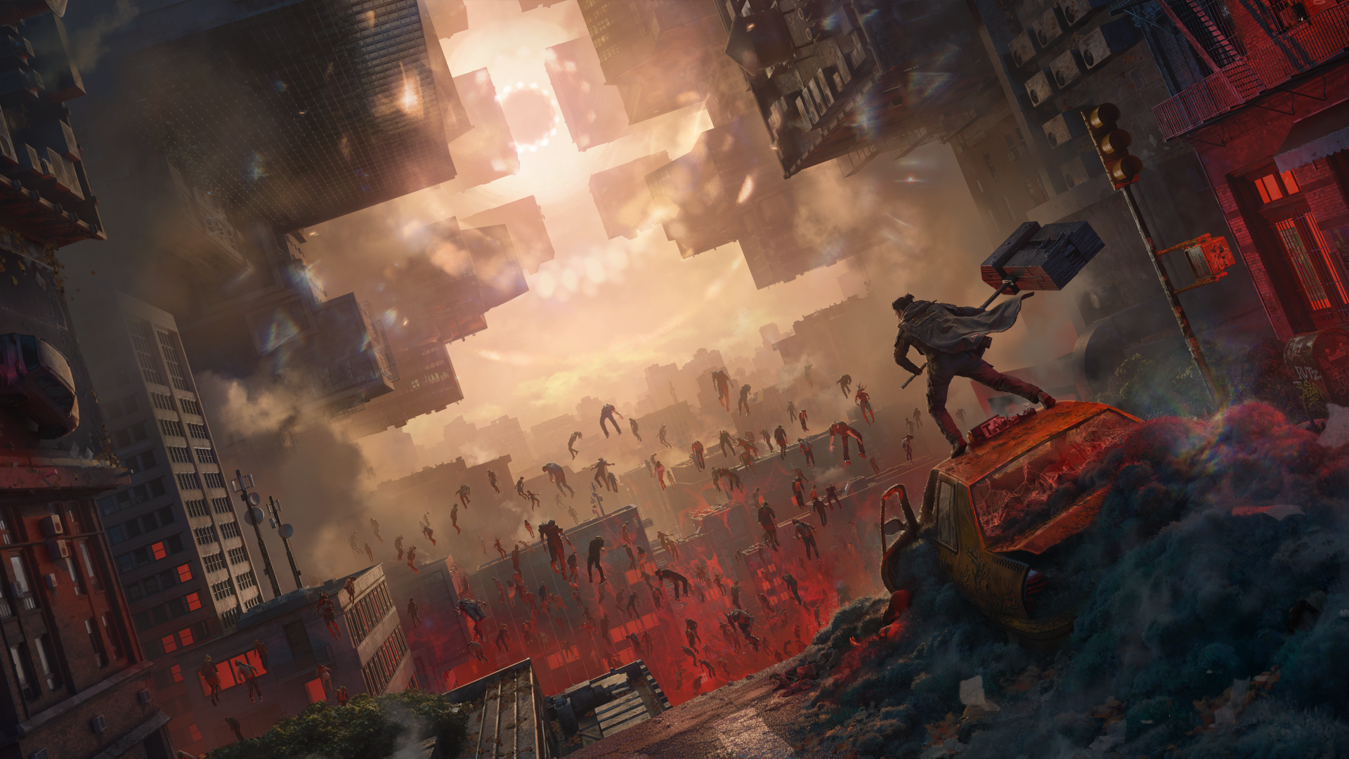 Control Resonant game art: post-apocalyptic city with levitating debris and floating figures, lone figure on rubble. 4K Ultra HD PC desktop wallpaper/background.