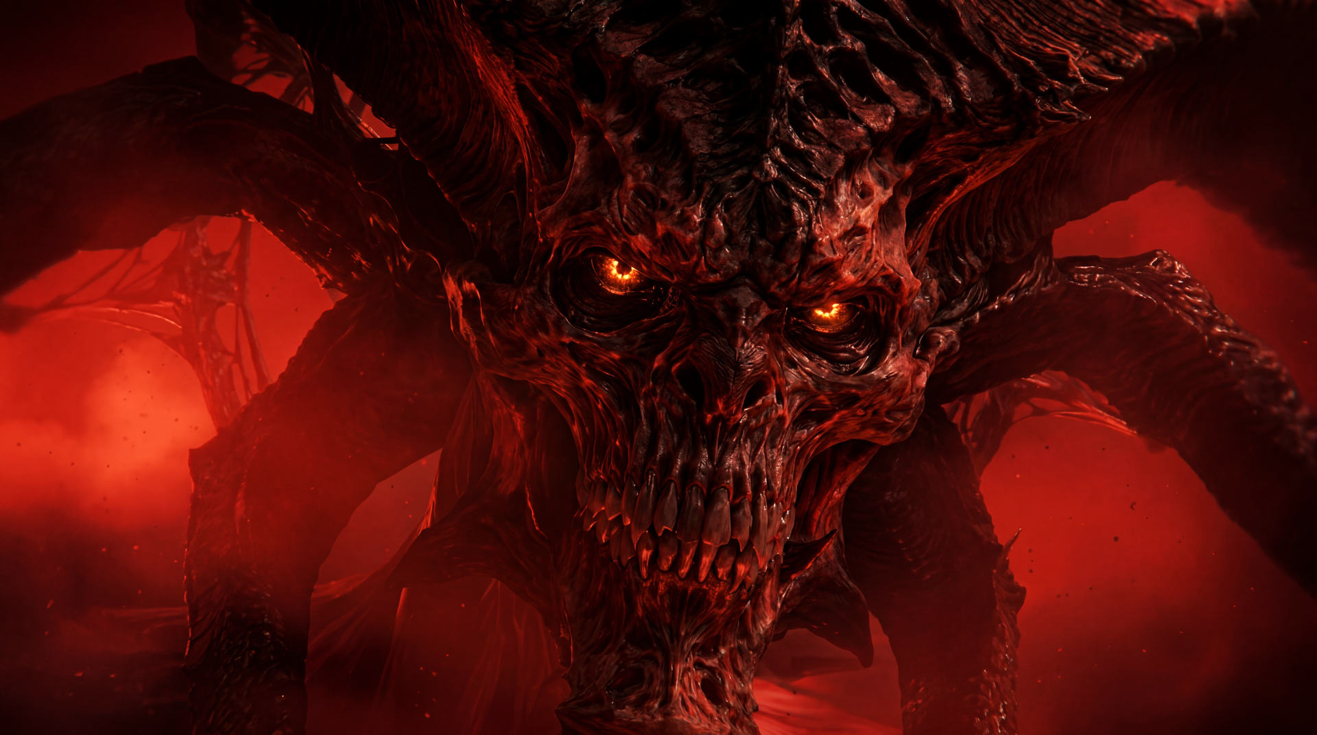 Close-up of the Lord of Hatred demon from Diablo IV video game: horned skeletal face with glowing eyes amid red flames — Blizzard Entertainment 5K Ultra HD PC desktop wallpaper.