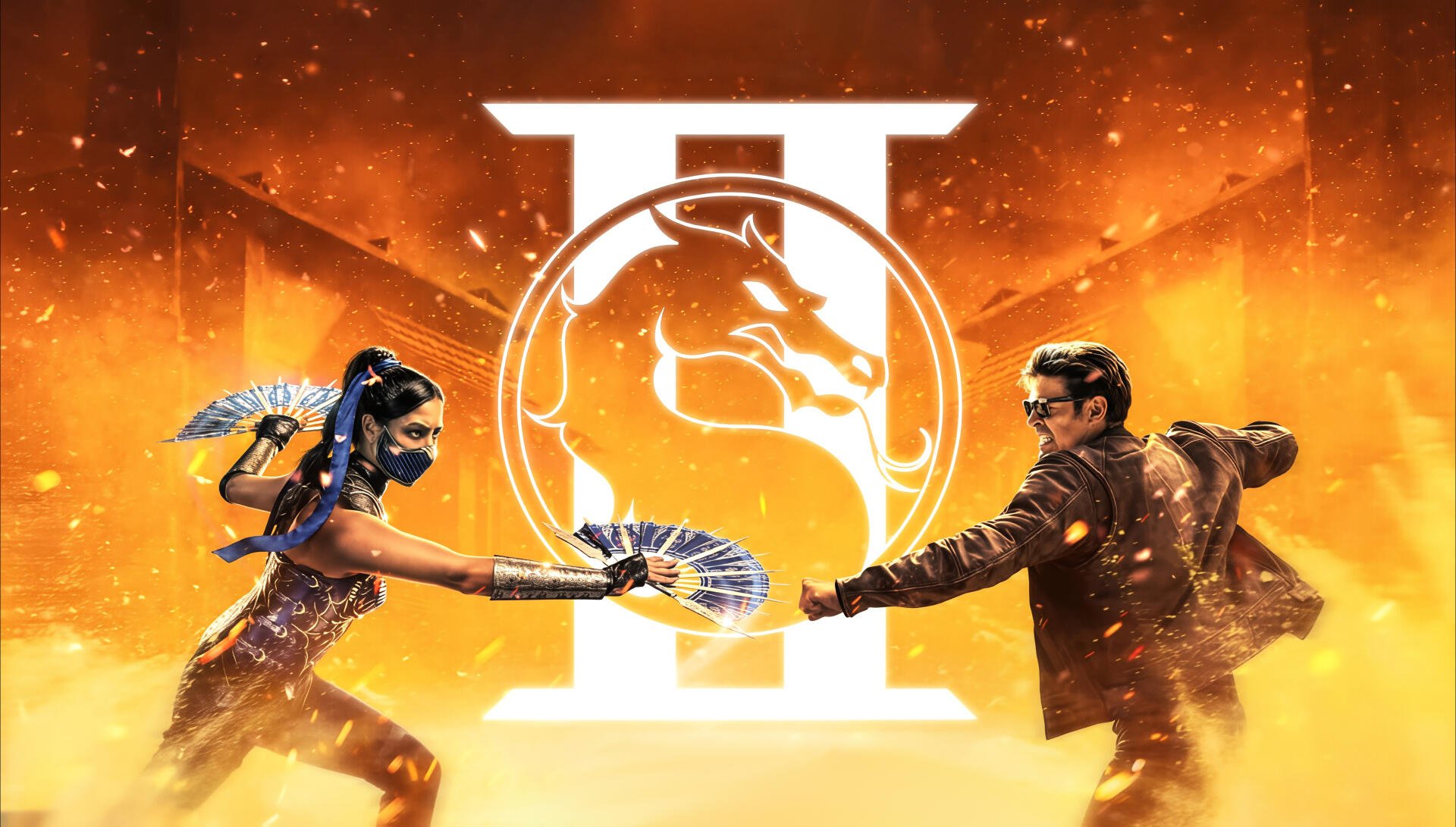 Mortal Kombat 2 (2026) 4K Ultra HD PC wallpaper: fan-wielding female and suited male fighters clash beneath a glowing Mortal Kombat II dragon emblem on a fiery orange backdrop.