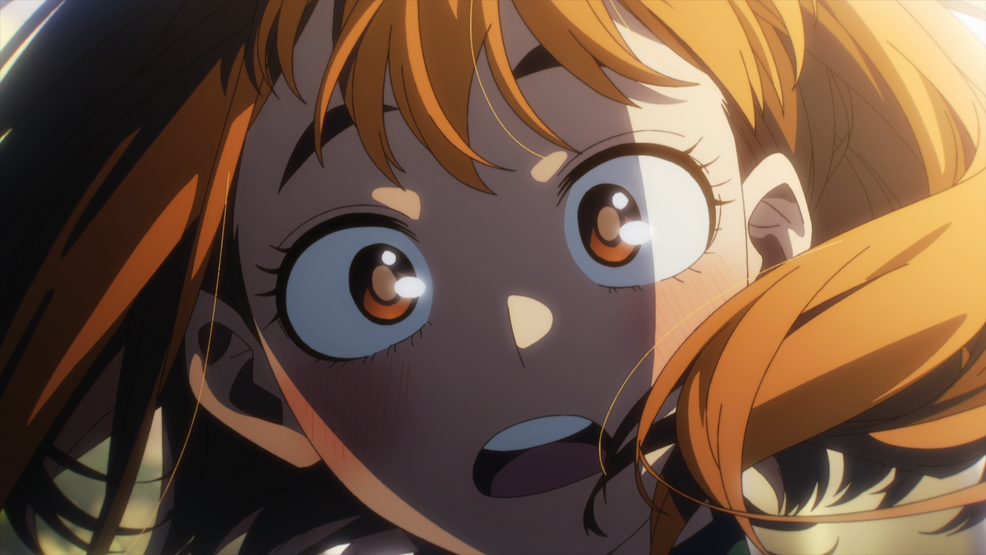 Close-up anime portrait of Ochaco Uraraka from My Hero Academia, wide-eyed surprised expression with warm lighting — HD PC desktop wallpaper and background.