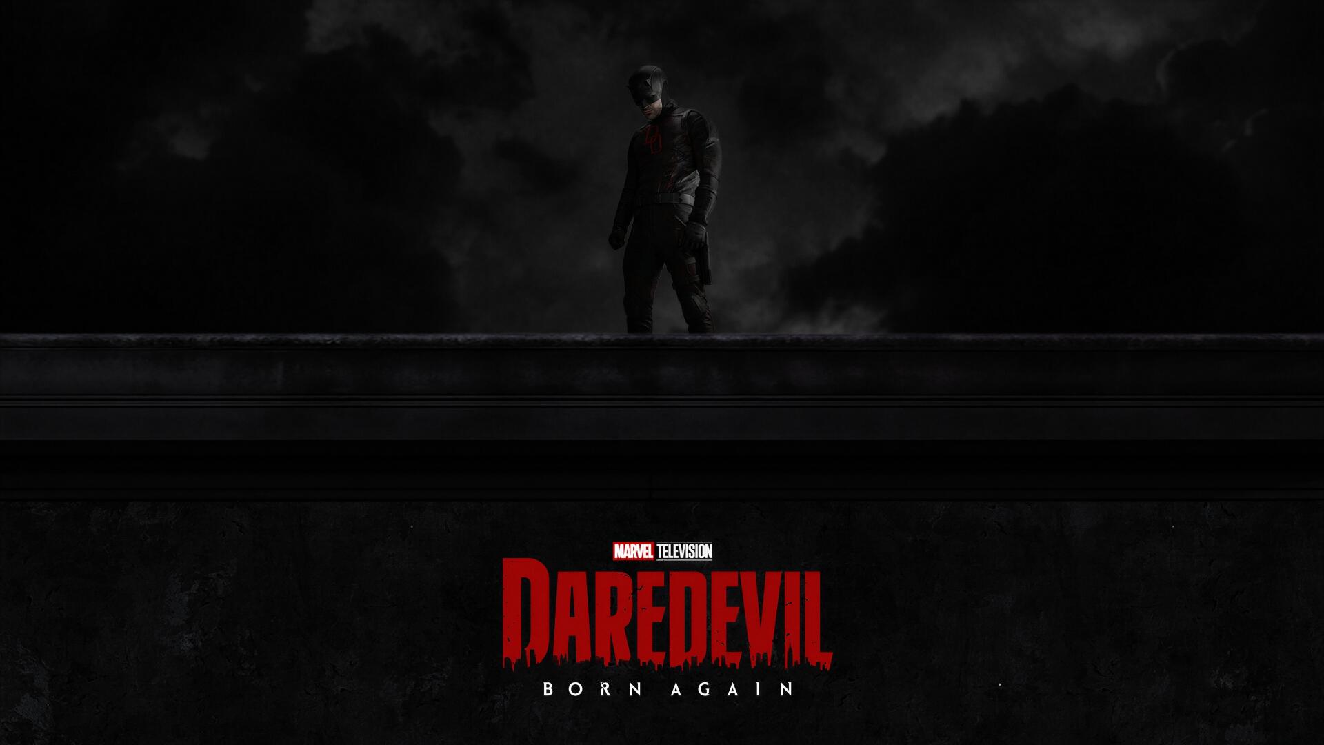Daredevil: Born Again — 4K Ultra HD PC desktop wallpaper showing a lone Daredevil silhouette on a rooftop under stormy clouds, red DAREDEVIL logo centered at the bottom.