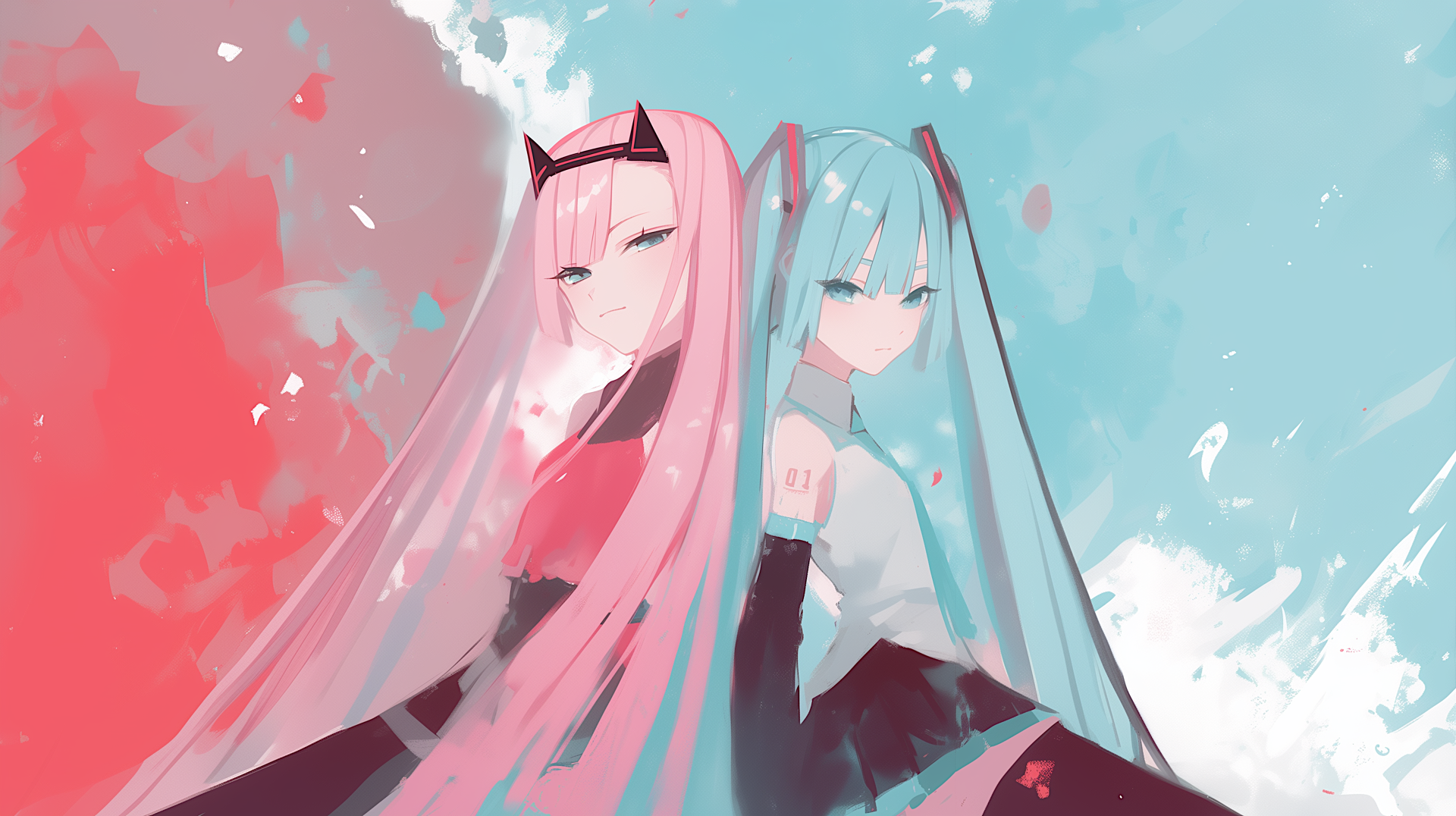 2K Quad HD PC desktop anime aesthetic wallpaper featuring Zero Two and Hatsune Miku back-to-back, long pink and teal twin tails, pastel red and blue background, soft painterly style.