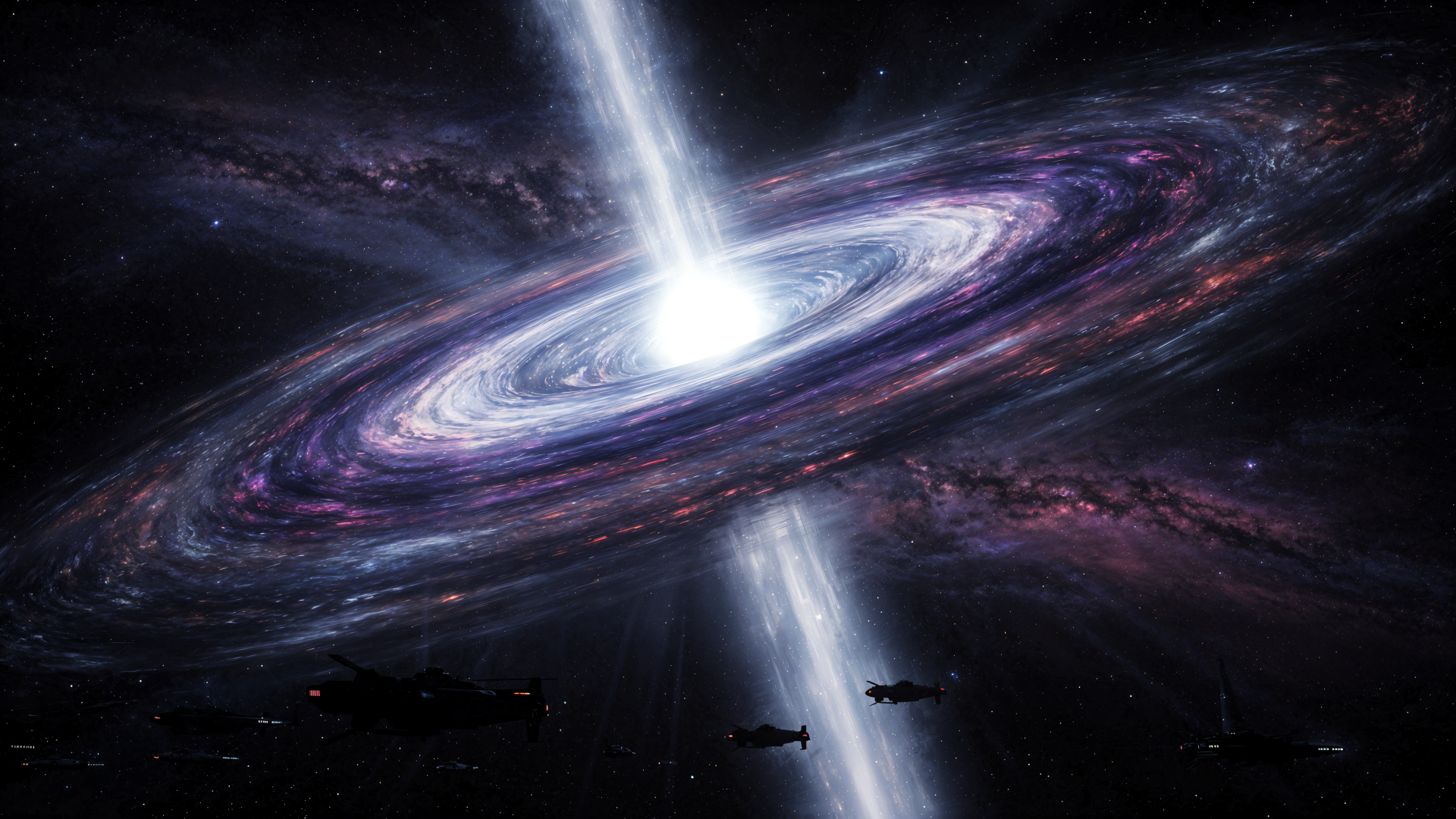 4K Ultra HD PC desktop wallpaper/background: luminous quasar at a galaxy's core, swirling bright accretion disk and twin jets piercing a purple nebula, silhouetted spacecraft below.