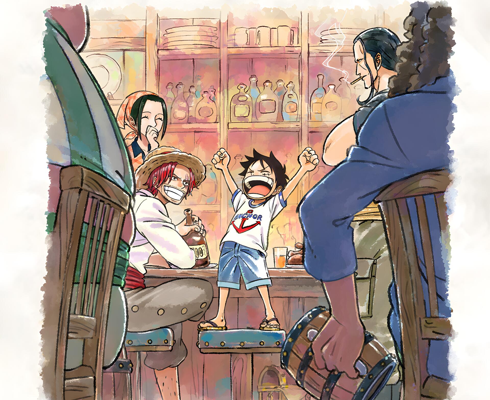 4K Ultra HD PC desktop wallpaper — Anime The One Piece (One Piece): young Monkey D. Luffy joyfully raises his arms between Shanks and crew inside a warm, lively bar scene.