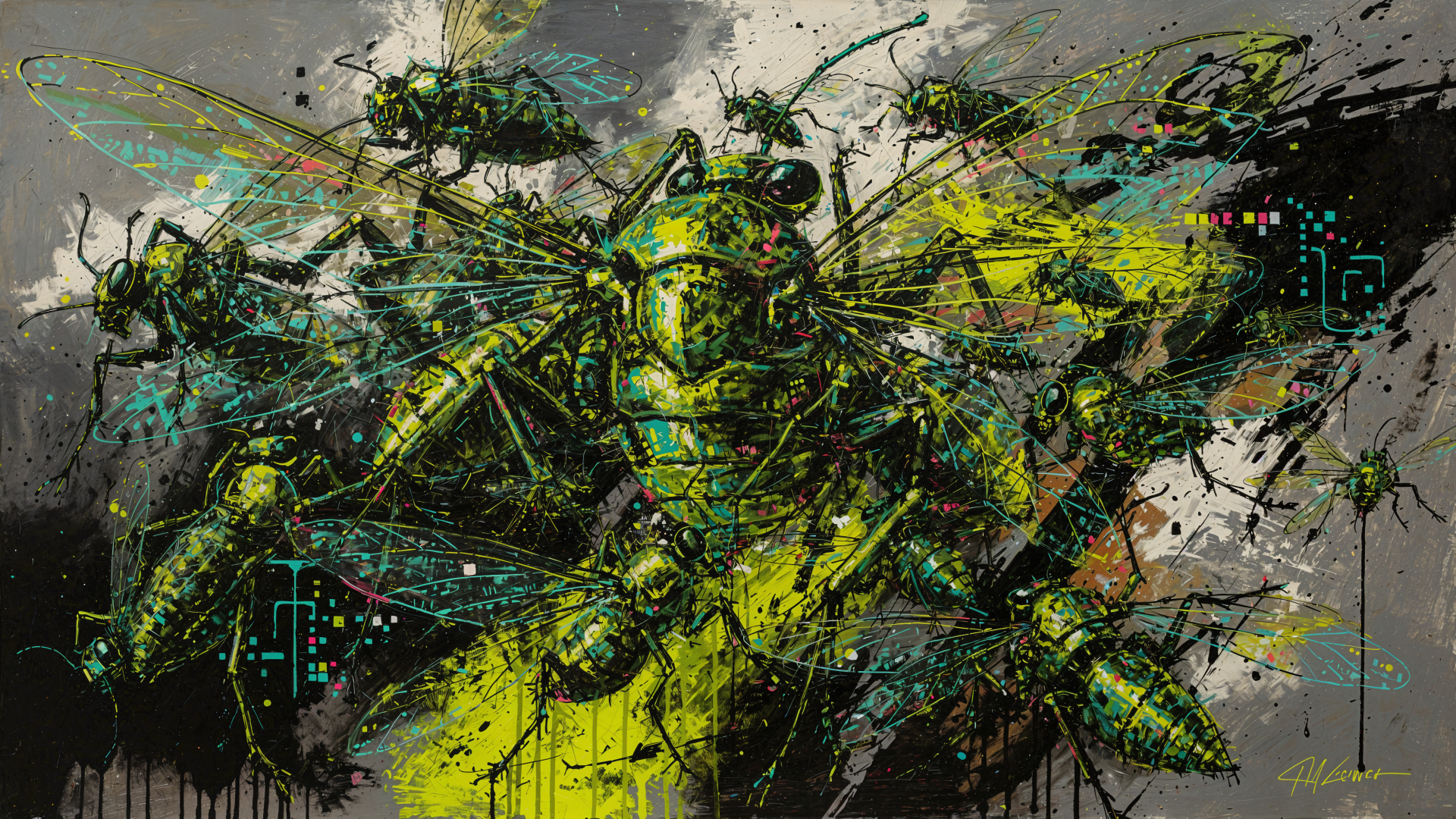 Bugcore 4K Ultra HD PC wallpaper: neon-green cybernetic insect rendered with paint-splatter textures, dripping ink, circuit patterns and glitchy tech accents.