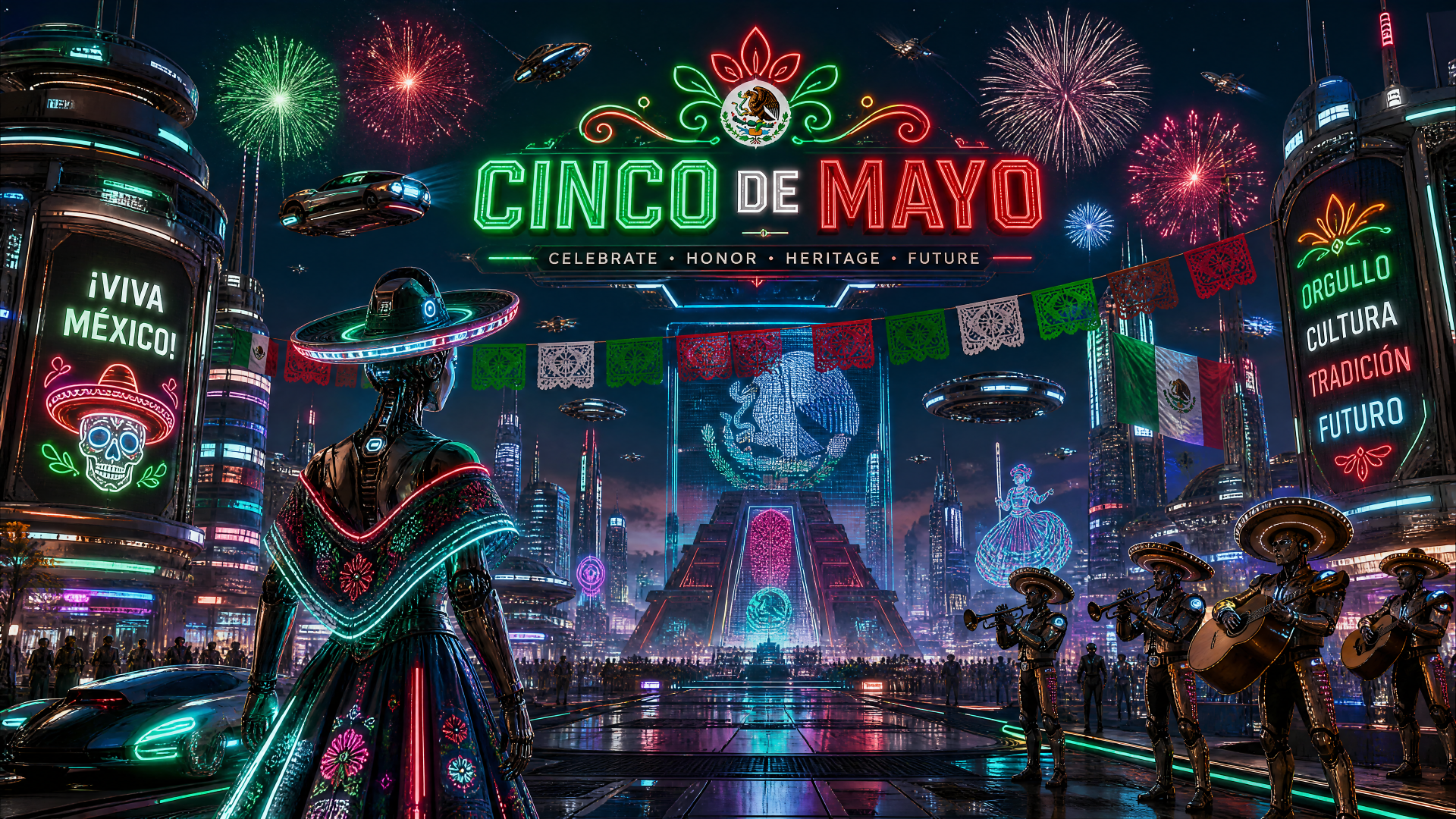 Neon-futuristic Cinco de Mayo 4K Ultra HD PC desktop background: fireworks over a glowing city plaza with mariachi in sombreros, papel picado banners, neon signs and Mexican heritage motifs.
