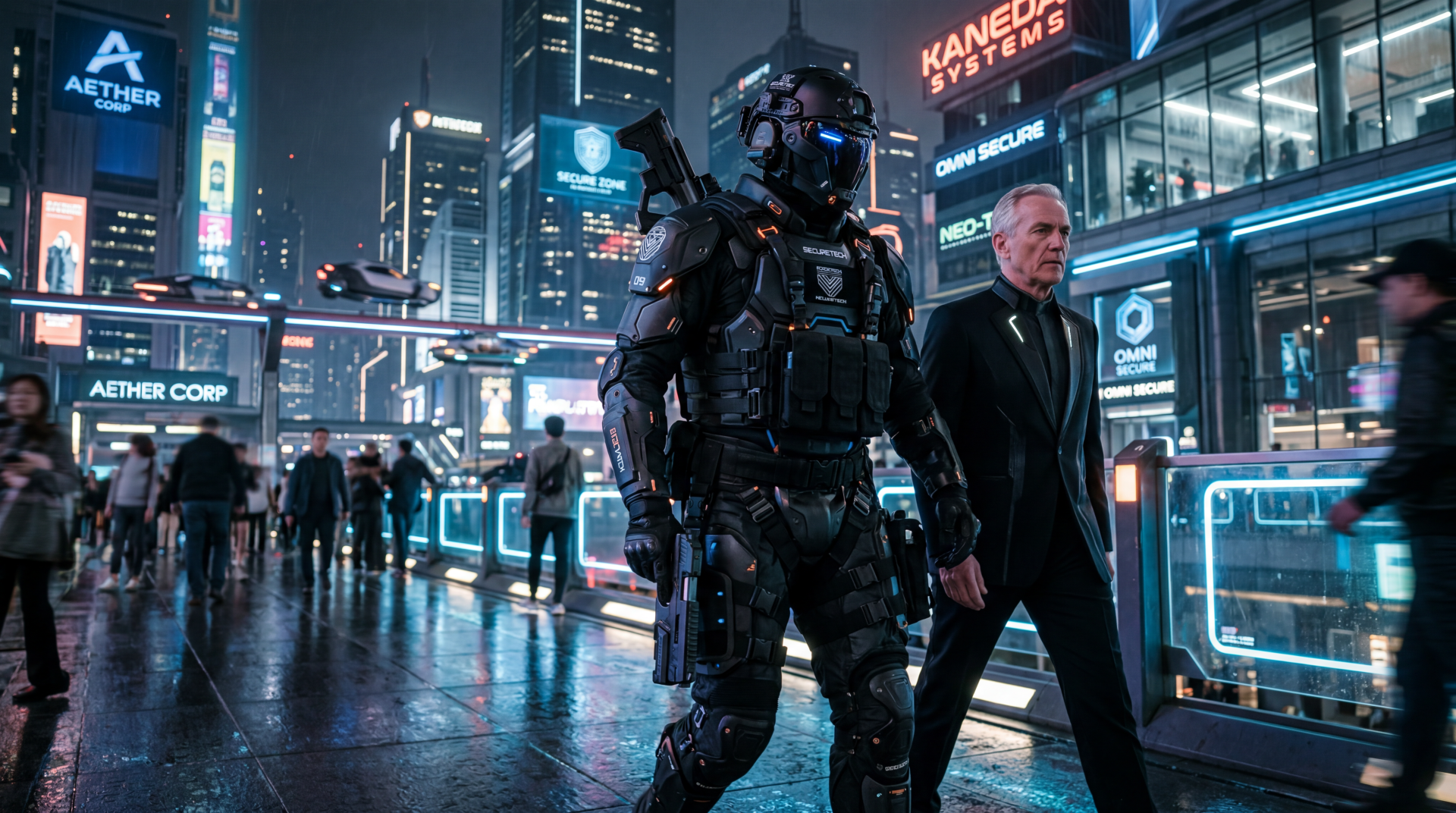 5K Ultra HD PC desktop wallpaper: futuristic neon city at night, armored robotic bodyguard escorting a suited man along wet streets.