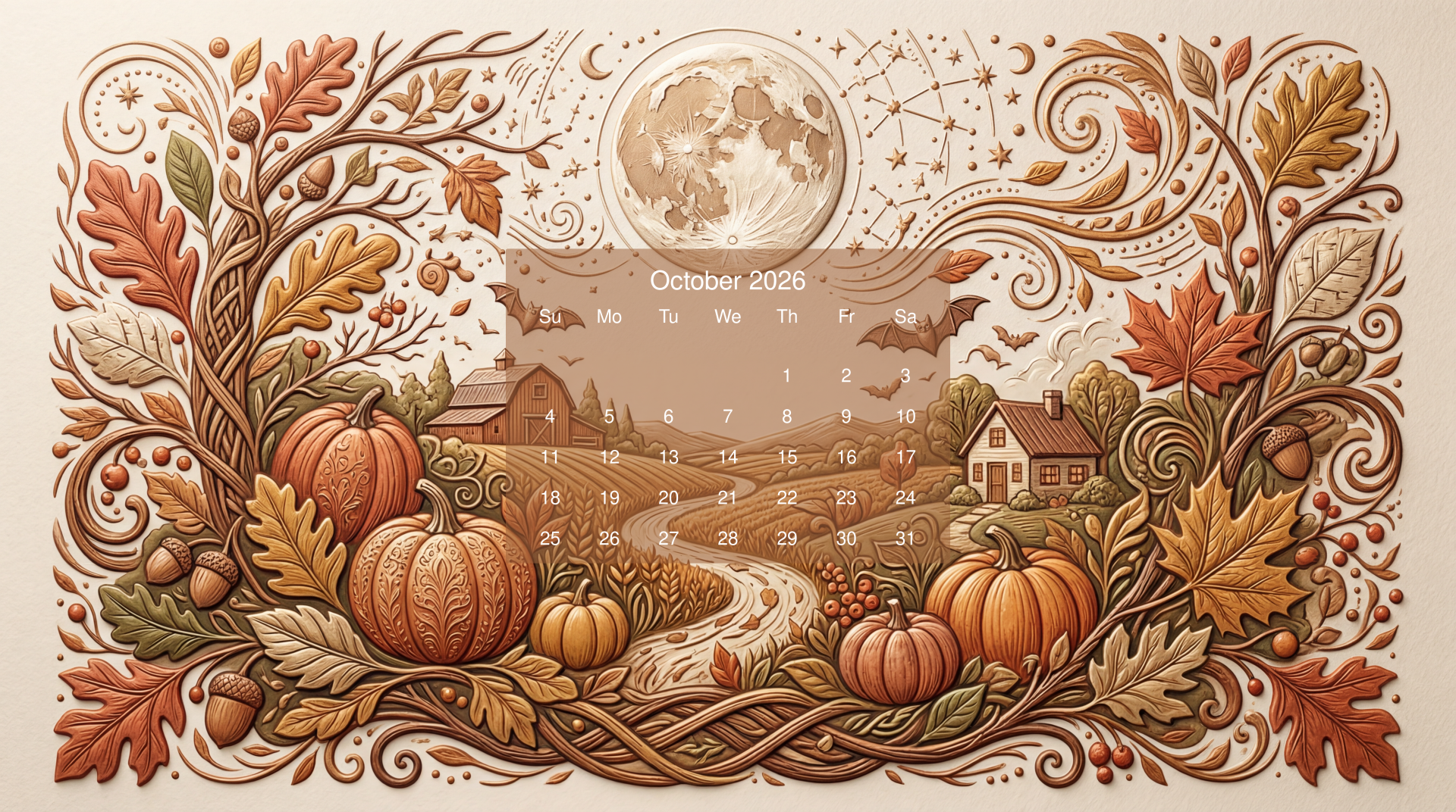 Ornate autumn 5K Ultra HD PC desktop wallpaper: pumpkins, oak leaves and swirling vines framing a farmhouse under a moonlit sky, with a transparent October 2026 calendar overlay.