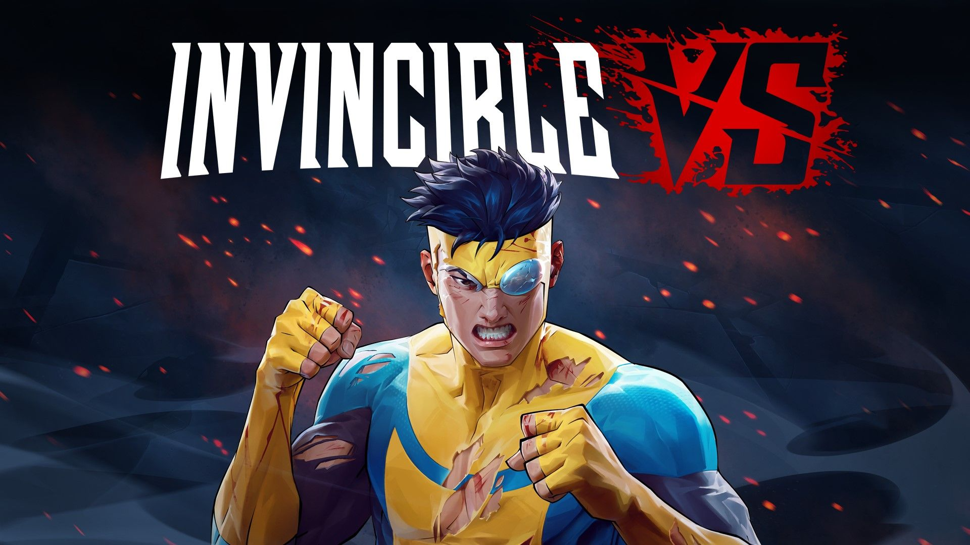 HD PC desktop wallpaper for the video game Invincible VS: battered yellow-and-blue hero with fists raised beneath a bold INVINCIBLE VS logo.