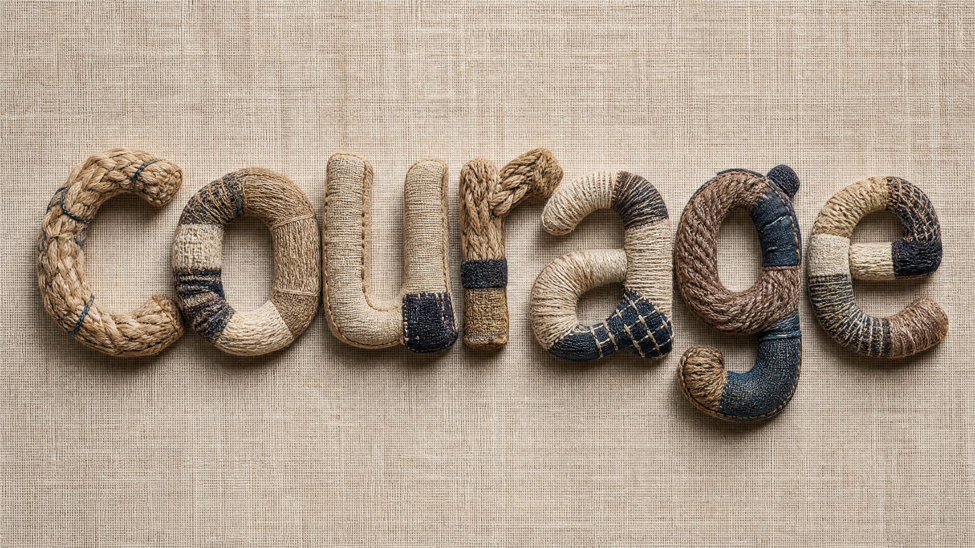 4K Ultra HD PC desktop wallpaper: the word courage formed from textured, knotted ropes on a beige linen background.