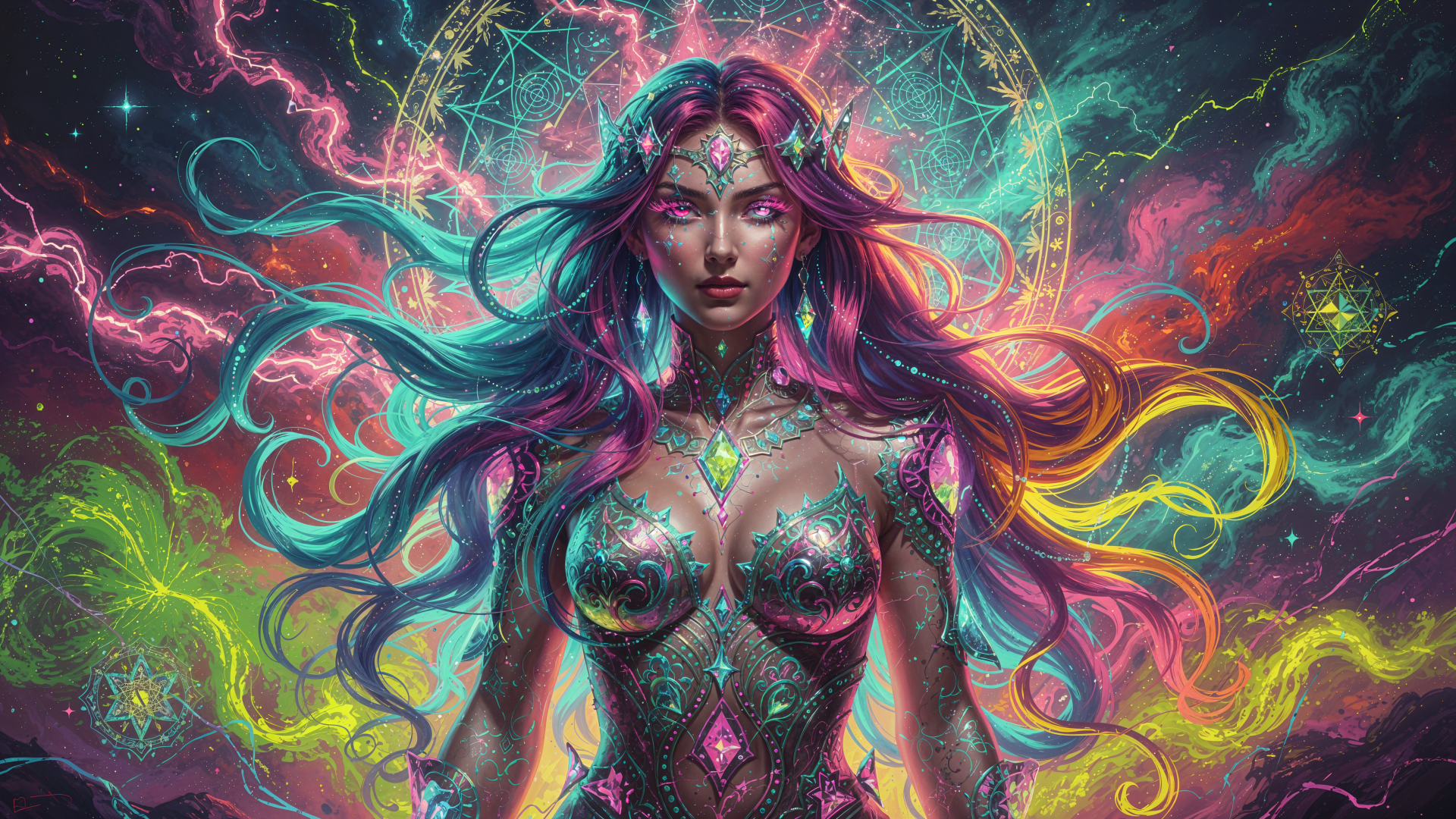 4K Ultra HD PC desktop wallpaper: a cosmic goddess with flowing rainbow hair, glowing jeweled armor and swirling neon energy against a starry mystical backdrop.