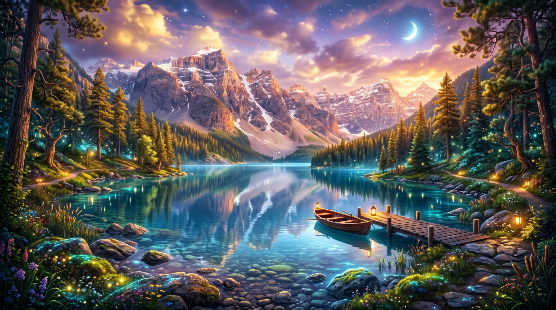 5K Ultra HD PC desktop wallpaper and background: moonlit mountain lake with snow‑capped peaks, pine forest, wooden dock and canoe mirrored in glassy water beneath a starry, colorful twilight sky.