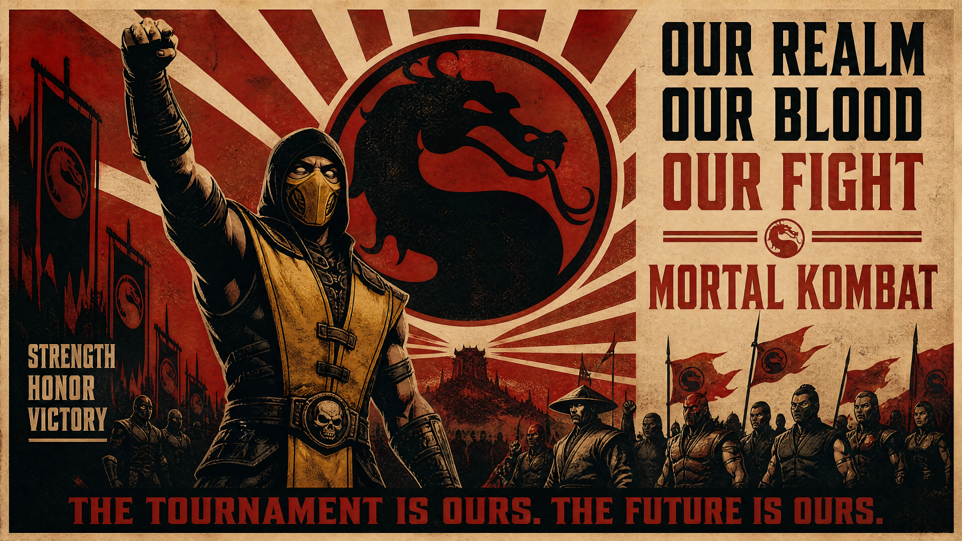 Mortal Kombat 4K Ultra HD PC desktop wallpaper: propaganda-style poster with Scorpion raising a fist before the dragon emblem, marching fighters and bold warlike slogans.