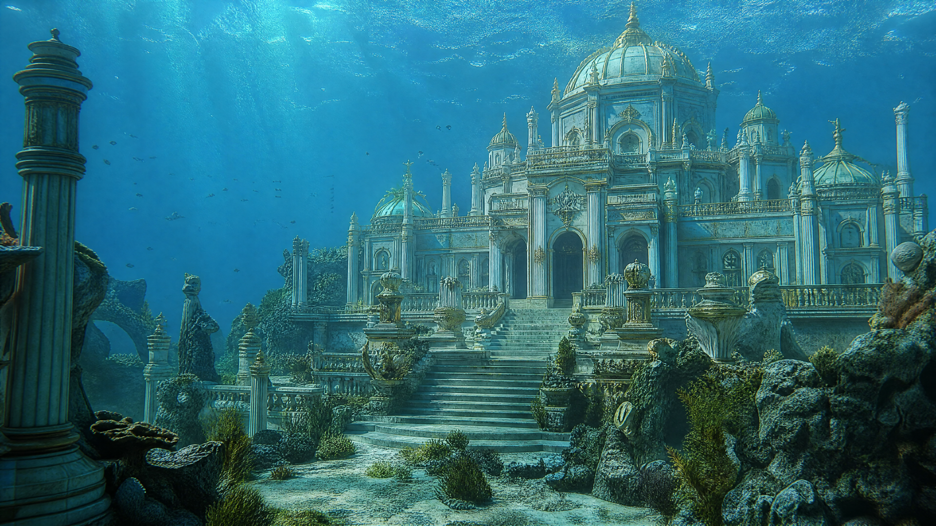 4K Ultra HD PC desktop wallpaper of a majestic underwater palace with coral-covered steps, ornate domes and sunlit blue water filtering rays.
