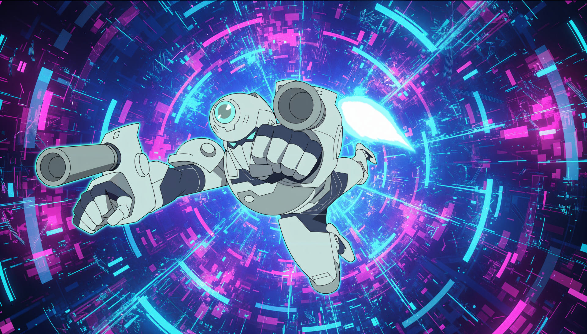 Zoe (Invincible) android lunging at viewer with open mechanical jaw and pointing hand against a neon blue-magenta digital vortex — 4K Ultra HD PC desktop wallpaper/background.