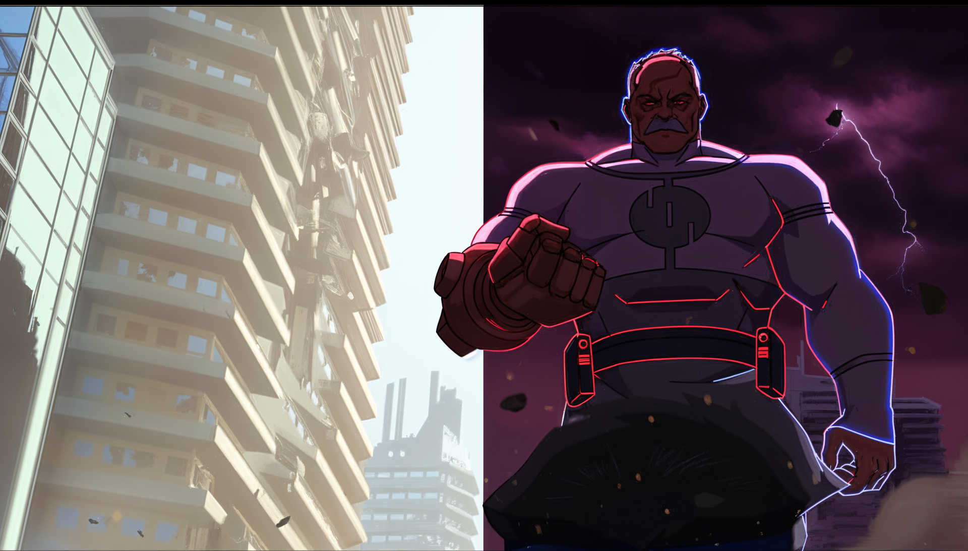 4K Ultra HD PC wallpaper: Conquest (Invincible) looms under purple lightning on the right, contrasted with sunlit skyscrapers on the left; red-glowing fist thrust forward.